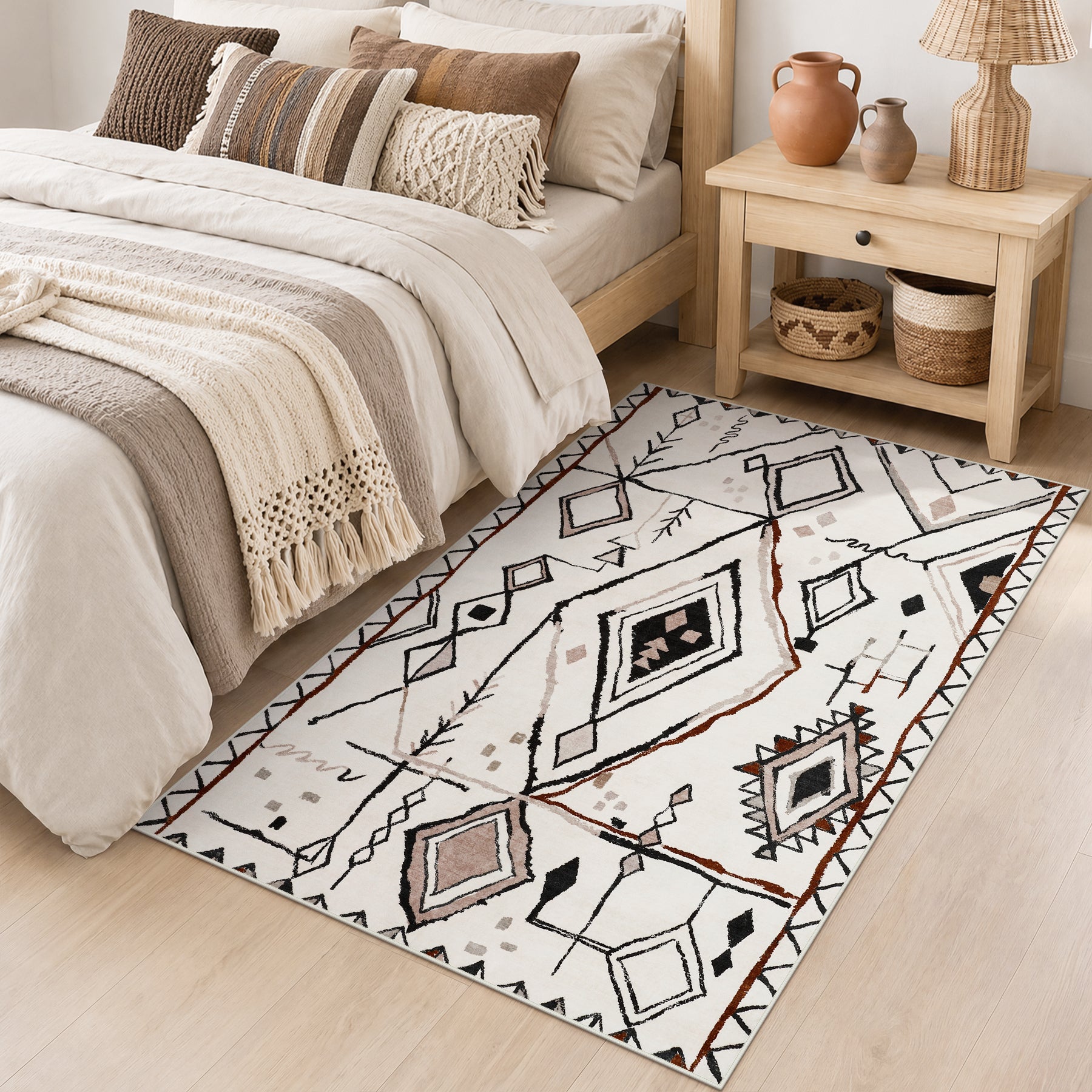 3x5/5x7 Vintage Boho Moroccan Area Rug, Non-Slip Geometric Neutral Soft Low Pile Throw Carpet, Oeko-Tex Certified