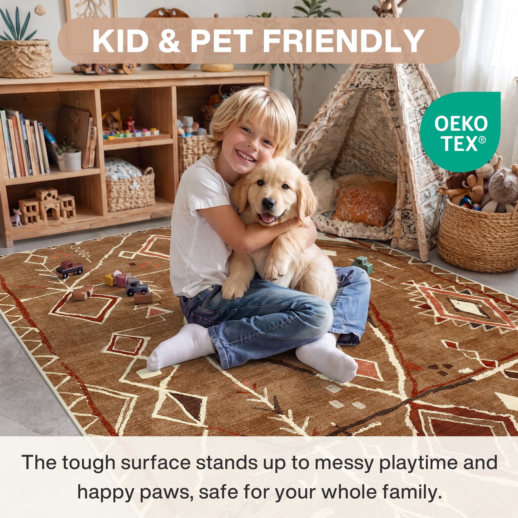 3x5/5x7 Vintage Boho Moroccan Area Rug, Non-Slip Geometric Neutral Soft Low Pile Throw Carpet, Oeko-Tex Certified
