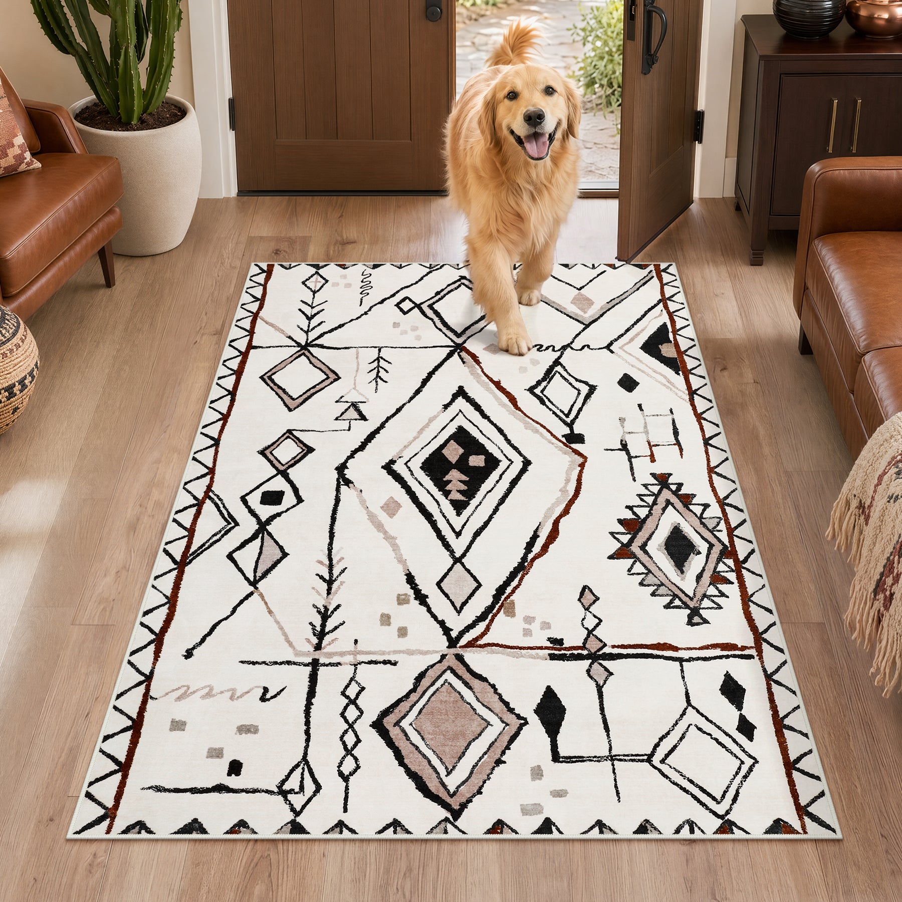 3x5/5x7 Vintage Boho Moroccan Area Rug, Non-Slip Geometric Neutral Soft Low Pile Throw Carpet, Oeko-Tex Certified