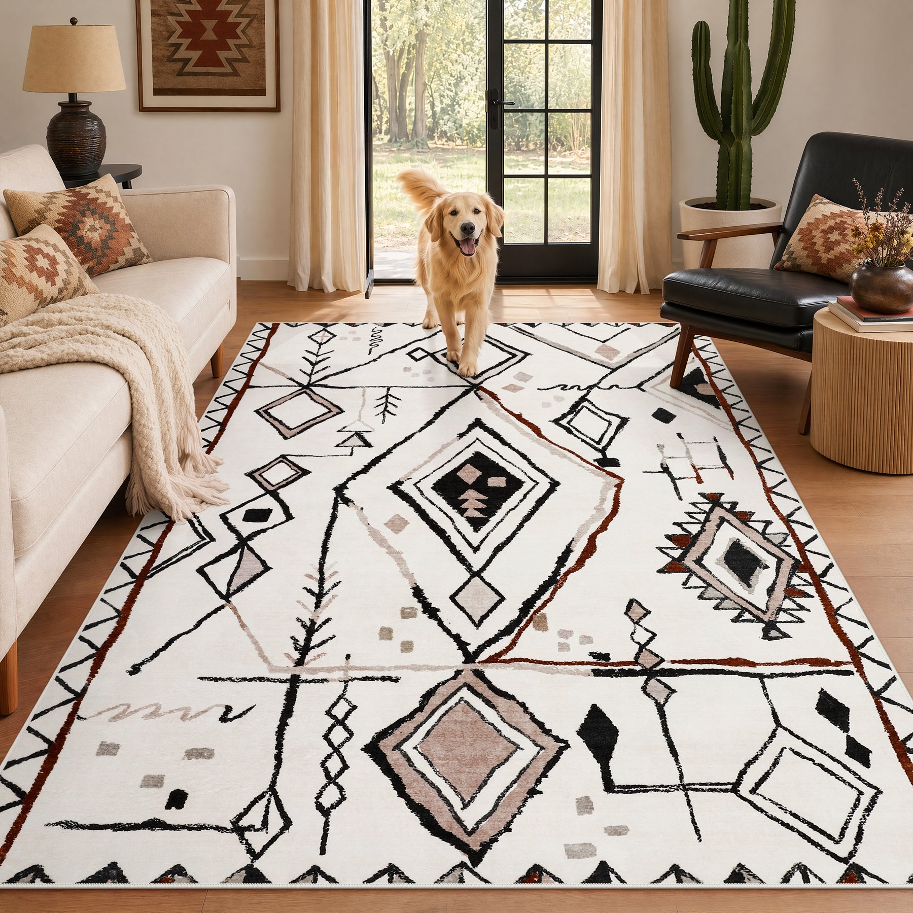3x5/5x7 Vintage Boho Moroccan Area Rug, Non-Slip Geometric Neutral Soft Low Pile Throw Carpet, Oeko-Tex Certified