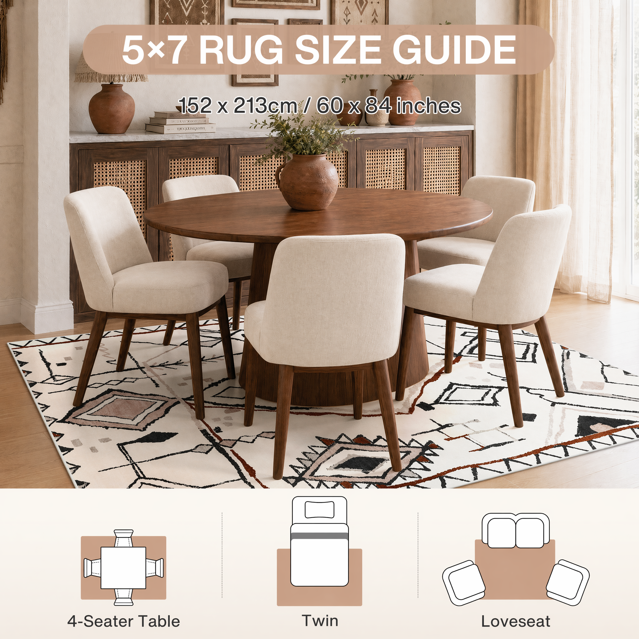 3x5/5x7 Vintage Boho Moroccan Area Rug, Non-Slip Geometric Neutral Soft Low Pile Throw Carpet, Oeko-Tex Certified