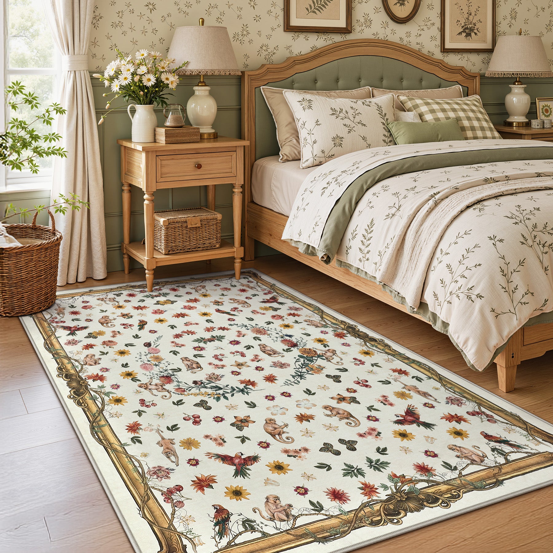 Vintage Botanical Animal Rug, Washable Low-Pile Area Rug with Non-Slip Backing for Indoor Use