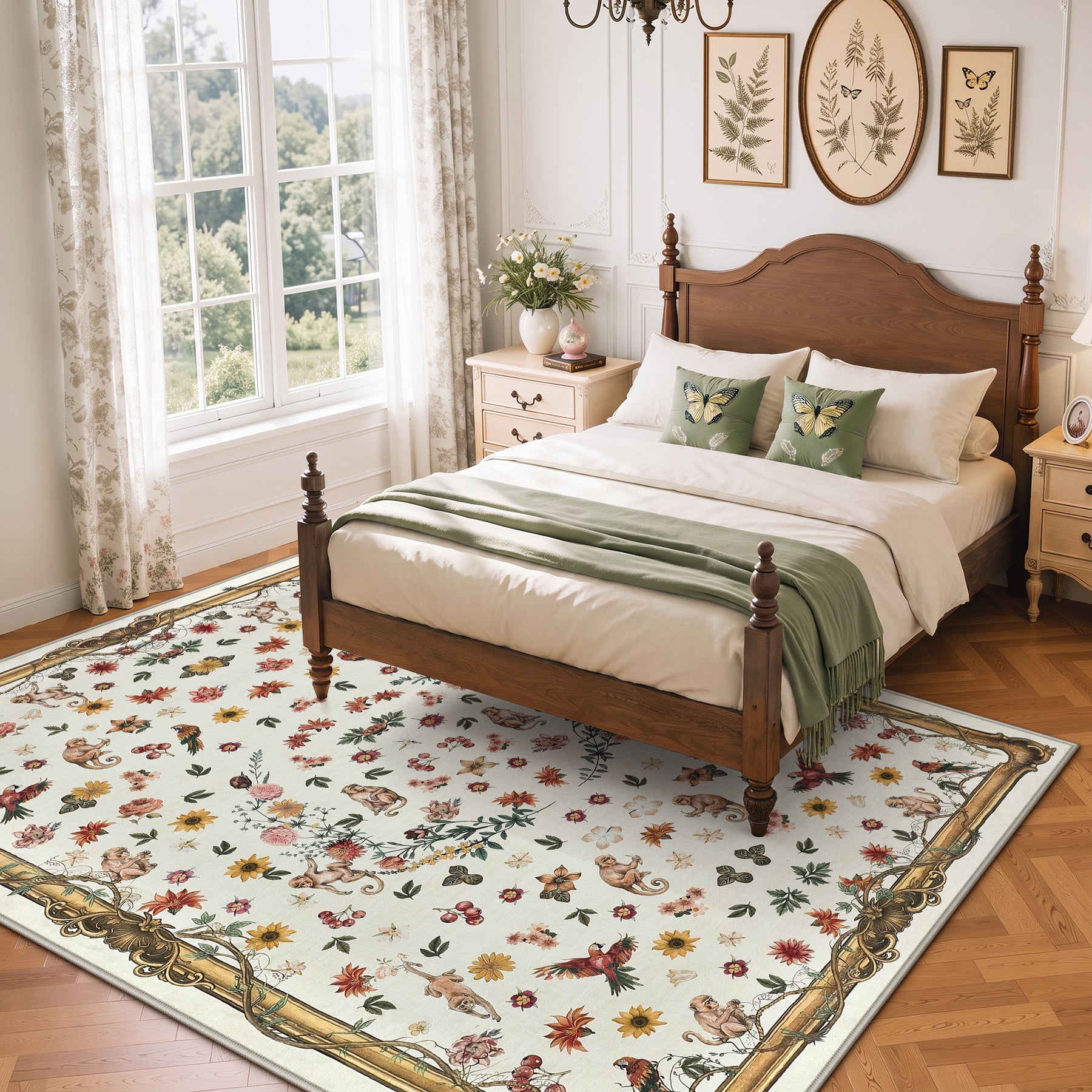 Vintage Botanical Animal Rug, Washable Low-Pile Area Rug with Non-Slip Backing for Indoor Use