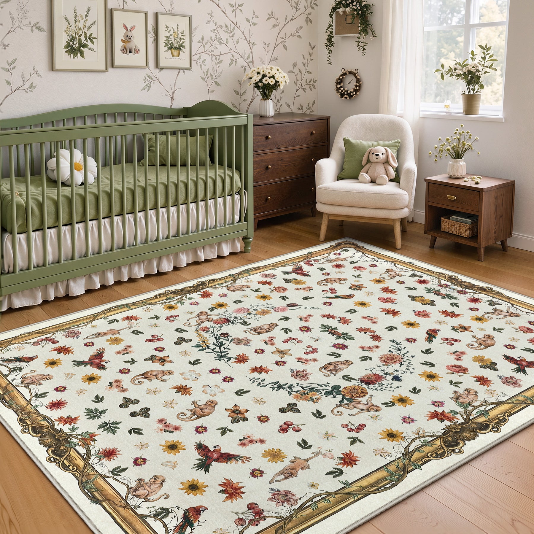 Vintage Botanical Animal Rug, Washable Low-Pile Area Rug with Non-Slip Backing for Indoor Use