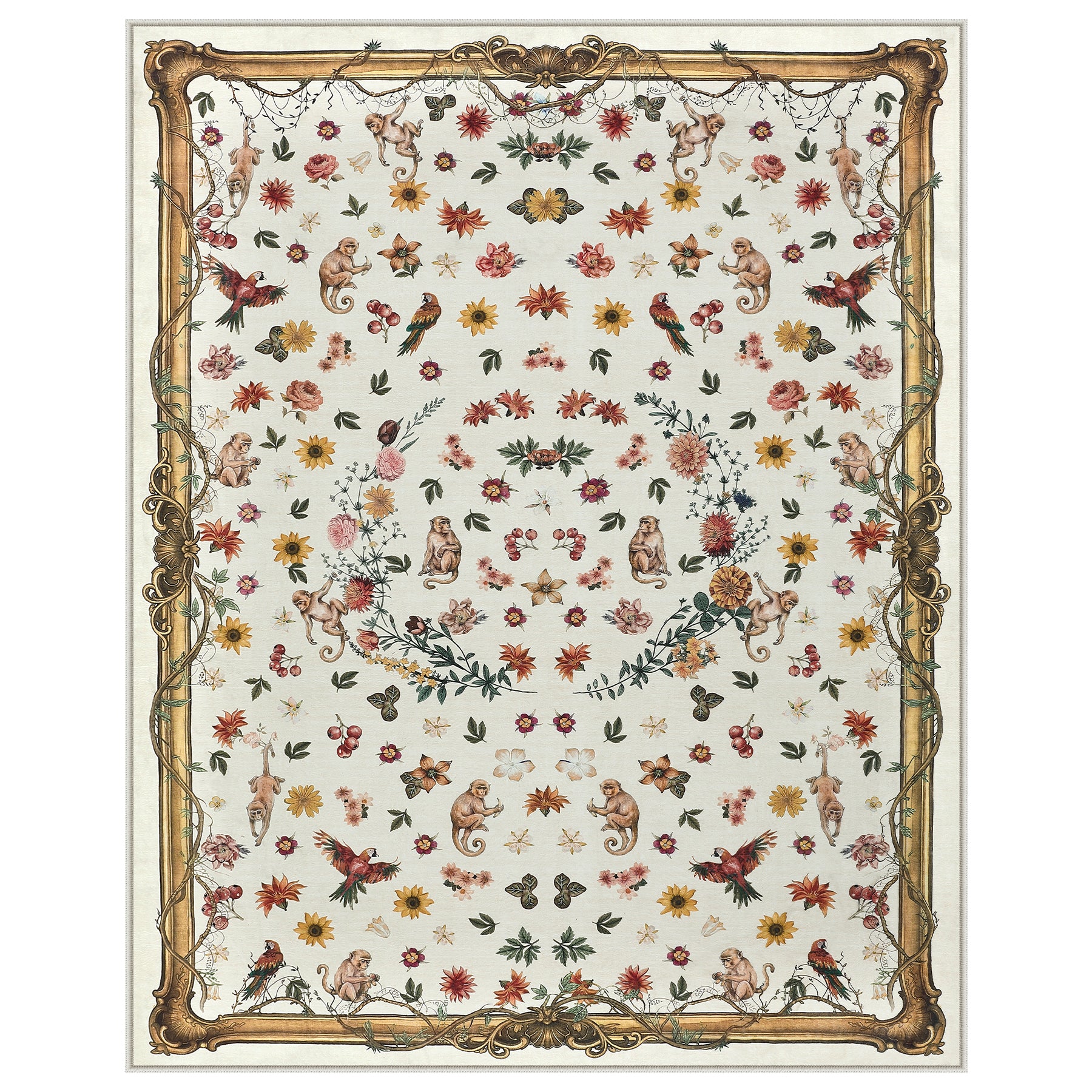 Vintage Botanical Animal Rug, Washable Low-Pile Area Rug with Non-Slip Backing for Indoor Use