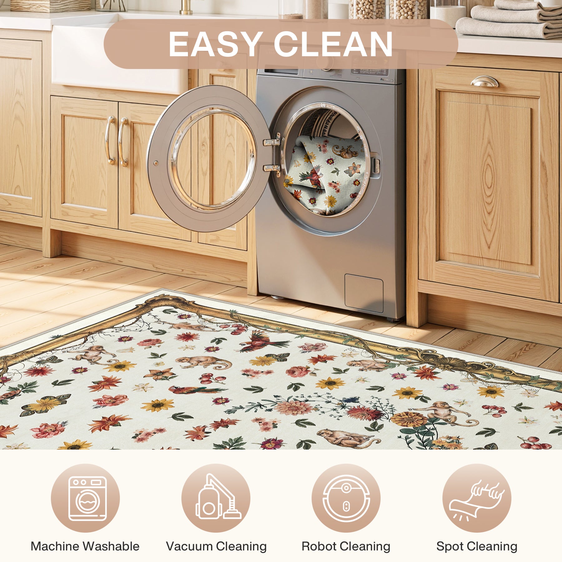Vintage Botanical Animal Rug, Washable Low-Pile Area Rug with Non-Slip Backing for Indoor Use