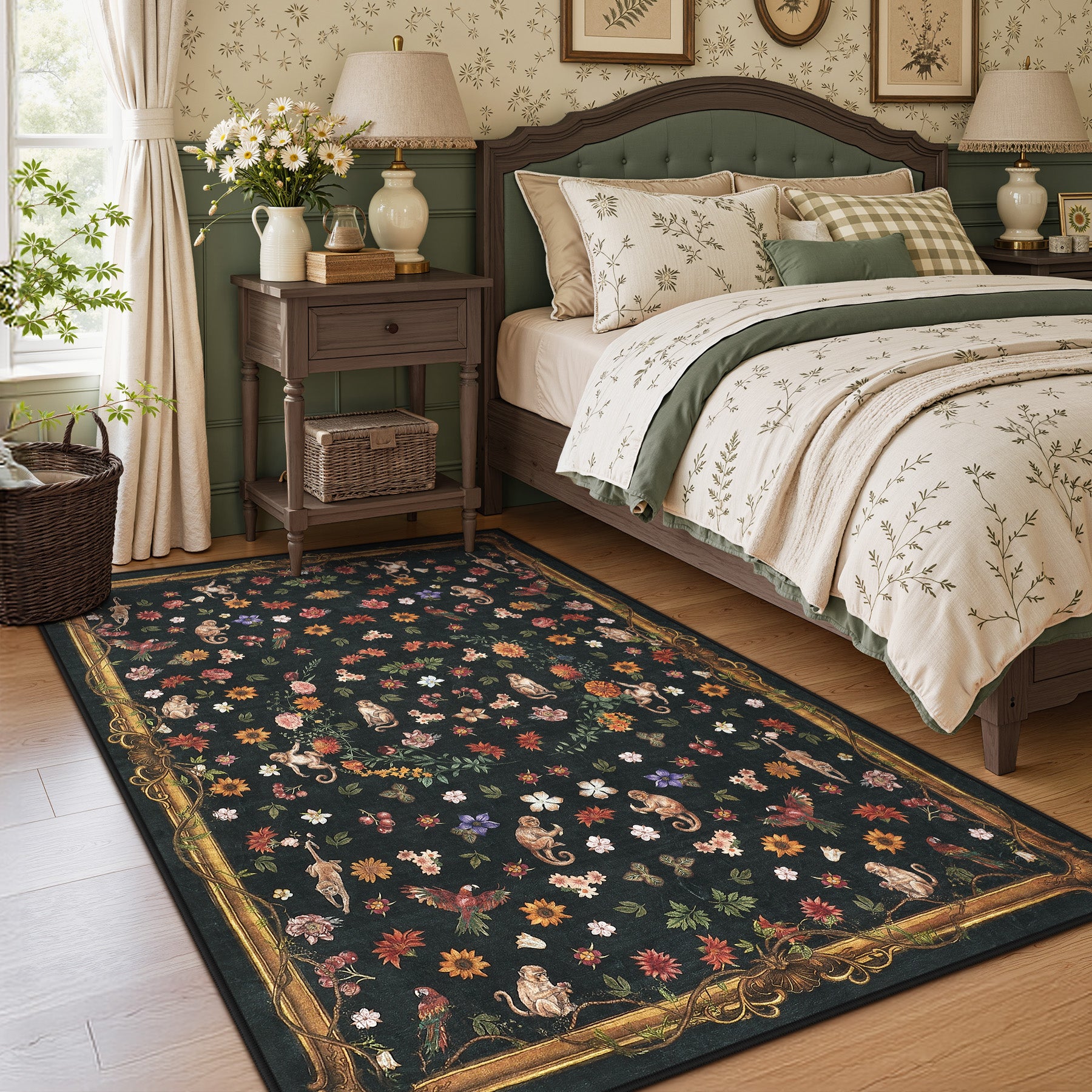 Vintage Botanical Animal Rug, Washable Low-Pile Area Rug with Non-Slip Backing for Indoor Use