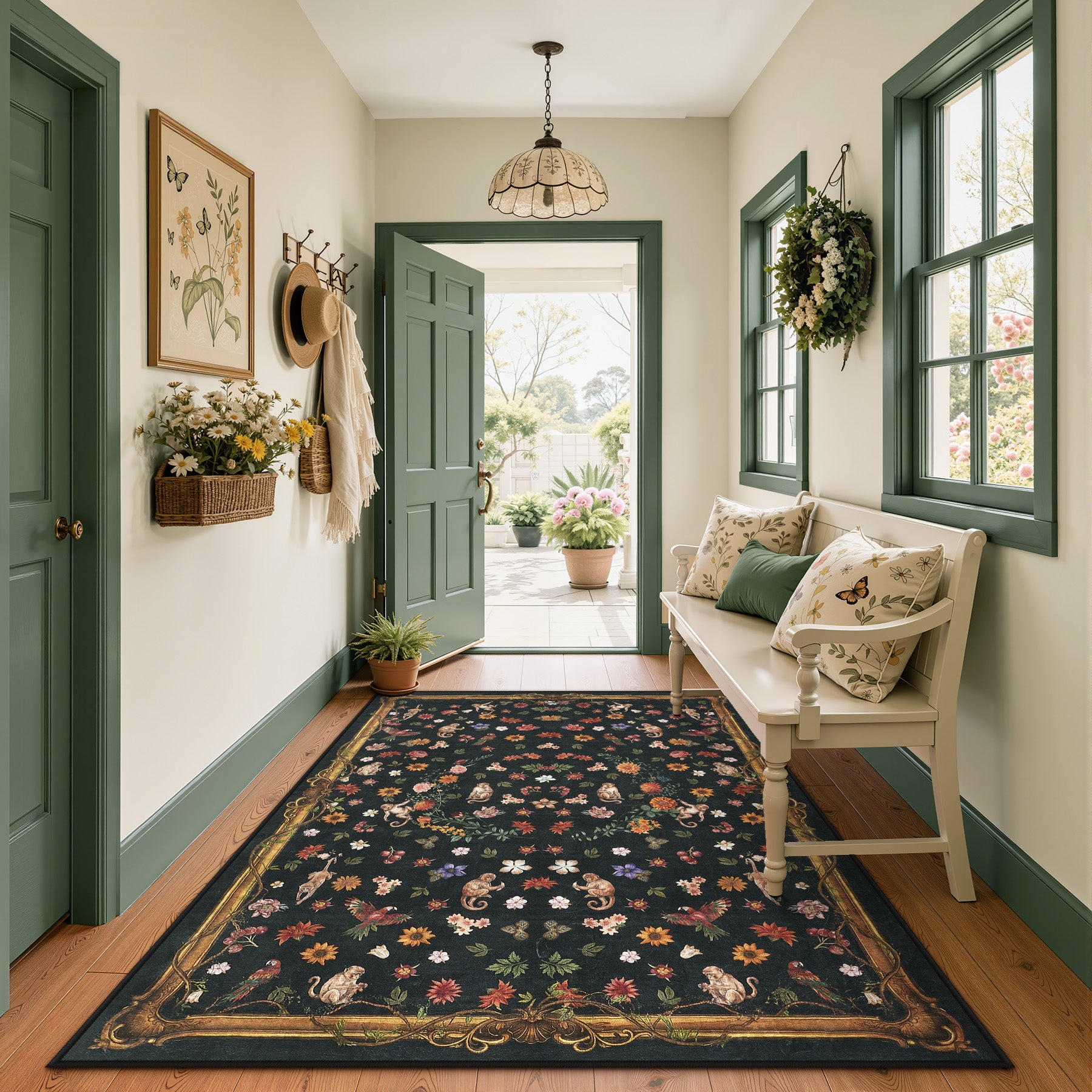 Vintage Botanical Animal Rug, Washable Low-Pile Area Rug with Non-Slip Backing for Indoor Use