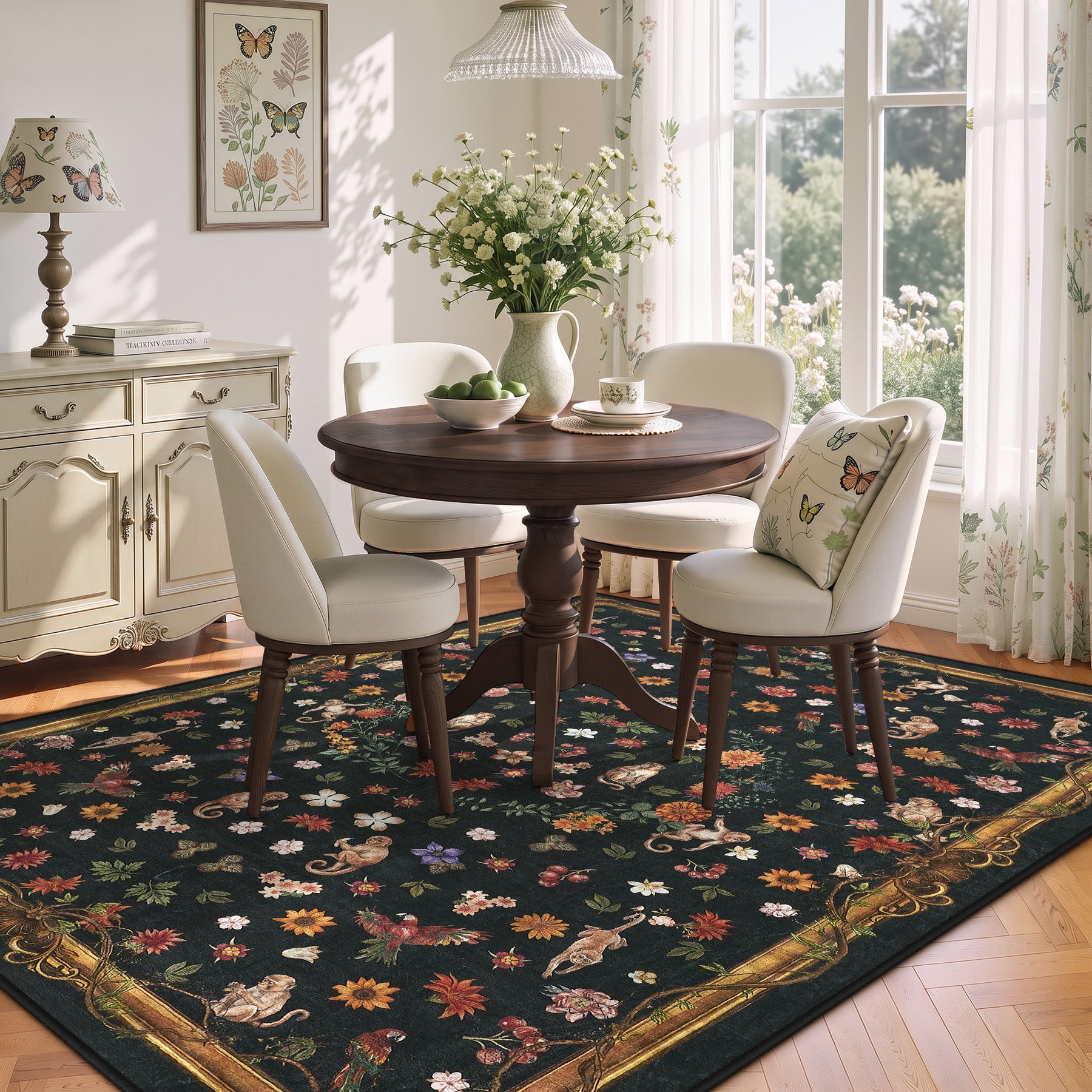 Vintage Botanical Animal Rug, Washable Low-Pile Area Rug with Non-Slip Backing for Indoor Use