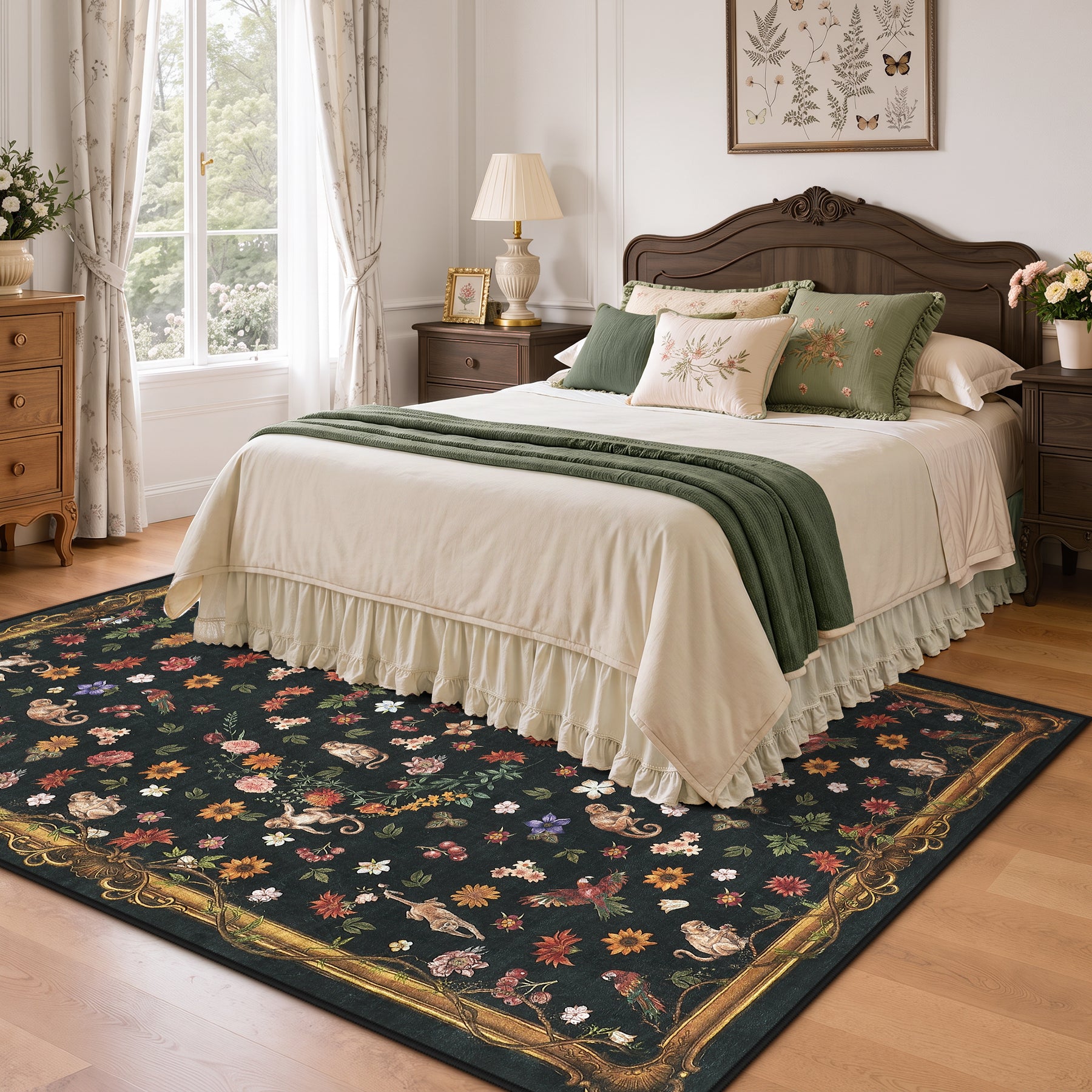Vintage Botanical Animal Rug, Washable Low-Pile Area Rug with Non-Slip Backing for Indoor Use