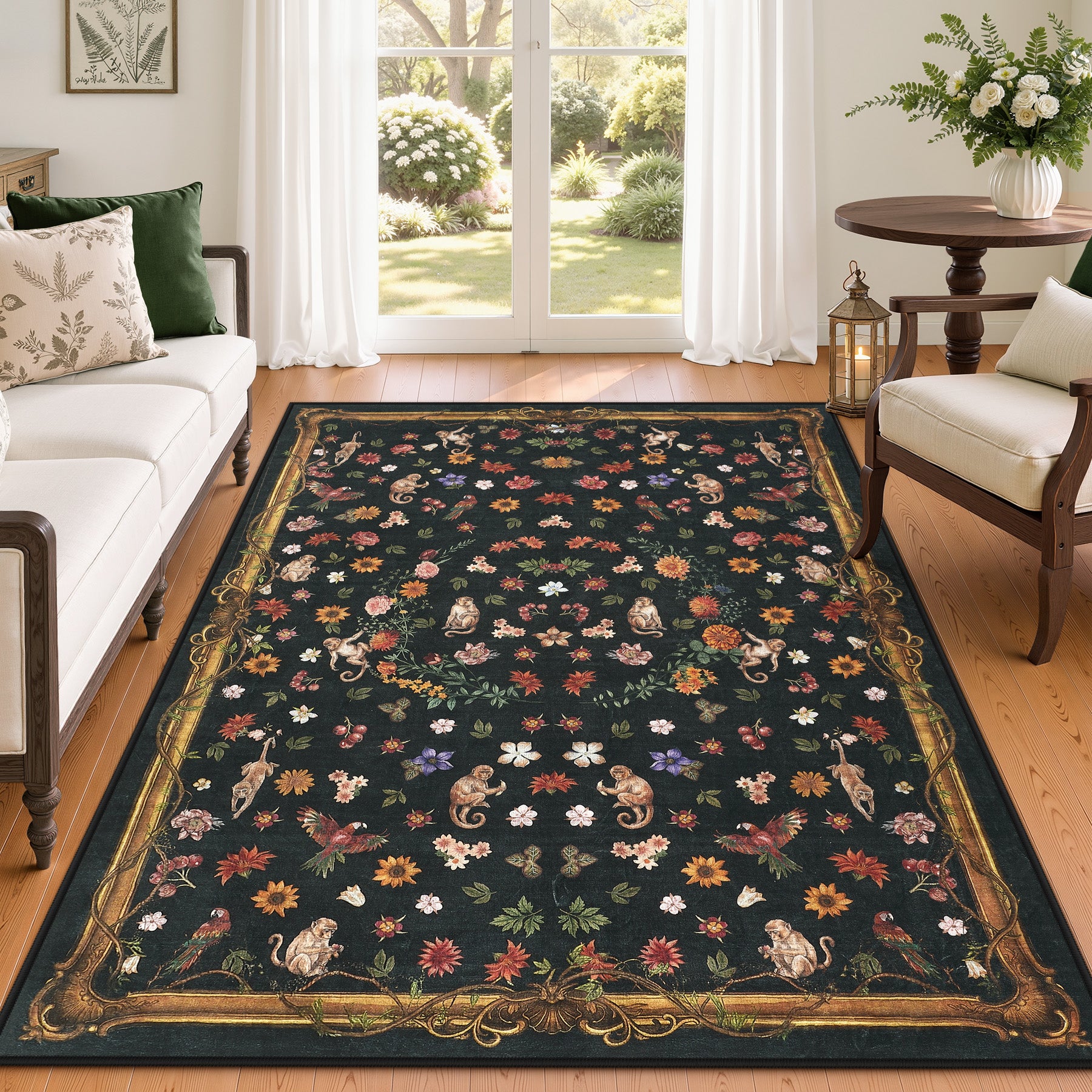Vintage Botanical Animal Rug, Washable Low-Pile Area Rug with Non-Slip Backing for Indoor Use