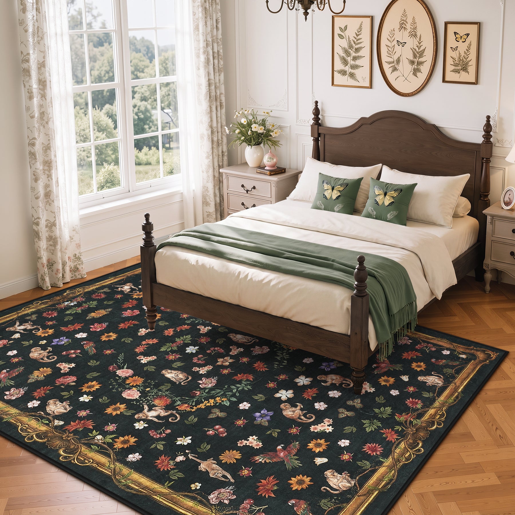 Vintage Botanical Animal Rug, Washable Low-Pile Area Rug with Non-Slip Backing for Indoor Use