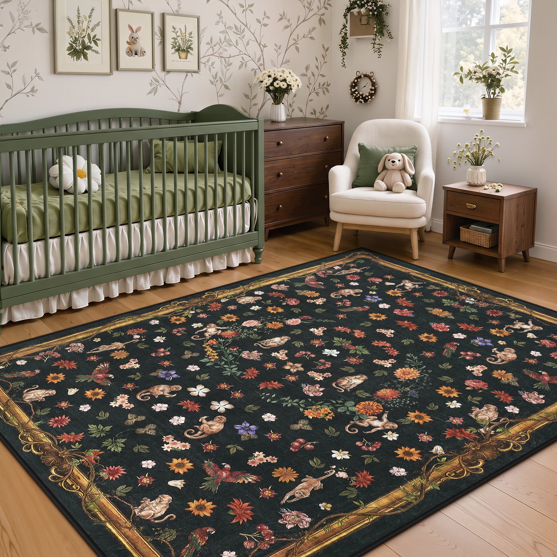 Vintage Botanical Animal Rug, Washable Low-Pile Area Rug with Non-Slip Backing for Indoor Use
