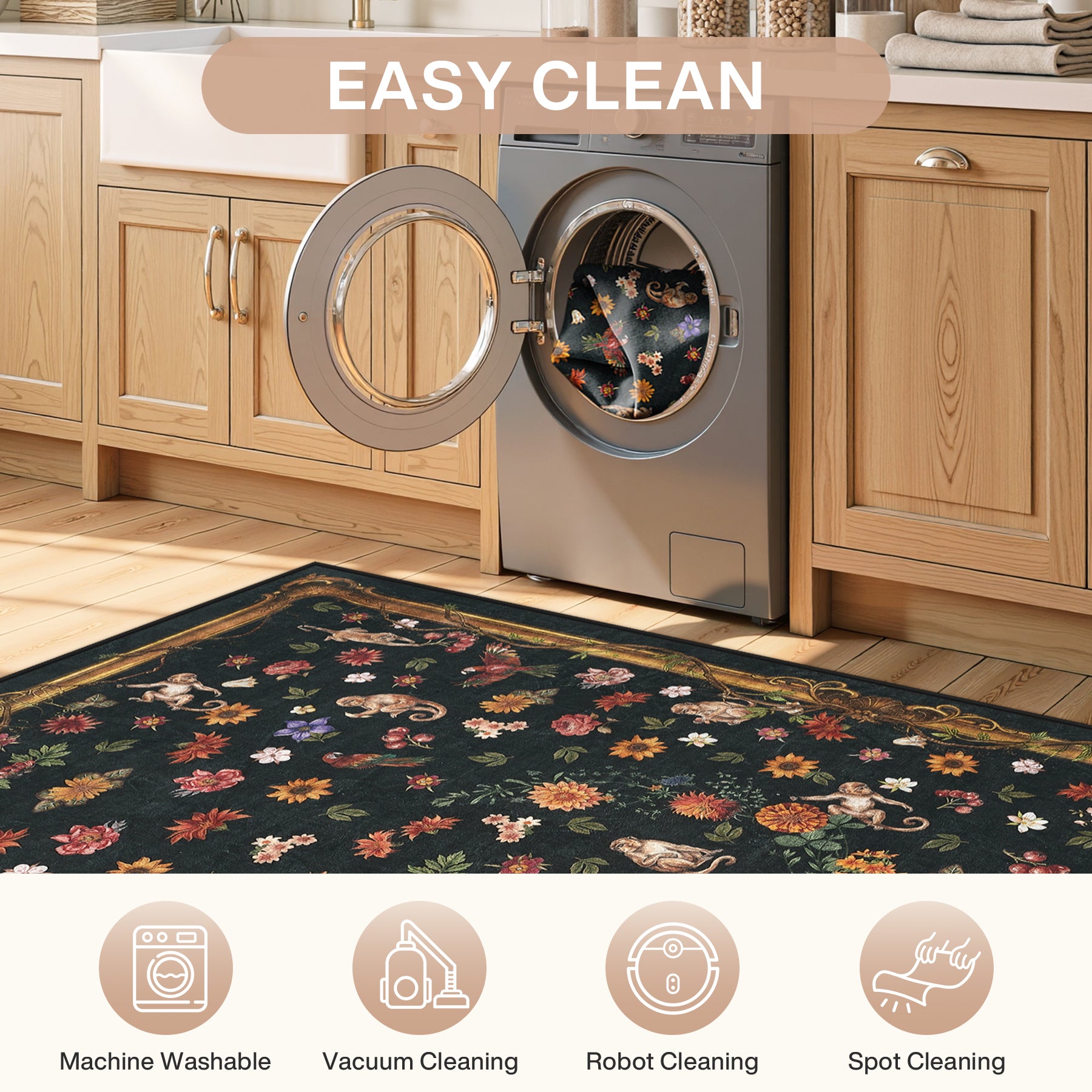 Vintage Botanical Animal Rug, Washable Low-Pile Area Rug with Non-Slip Backing for Indoor Use