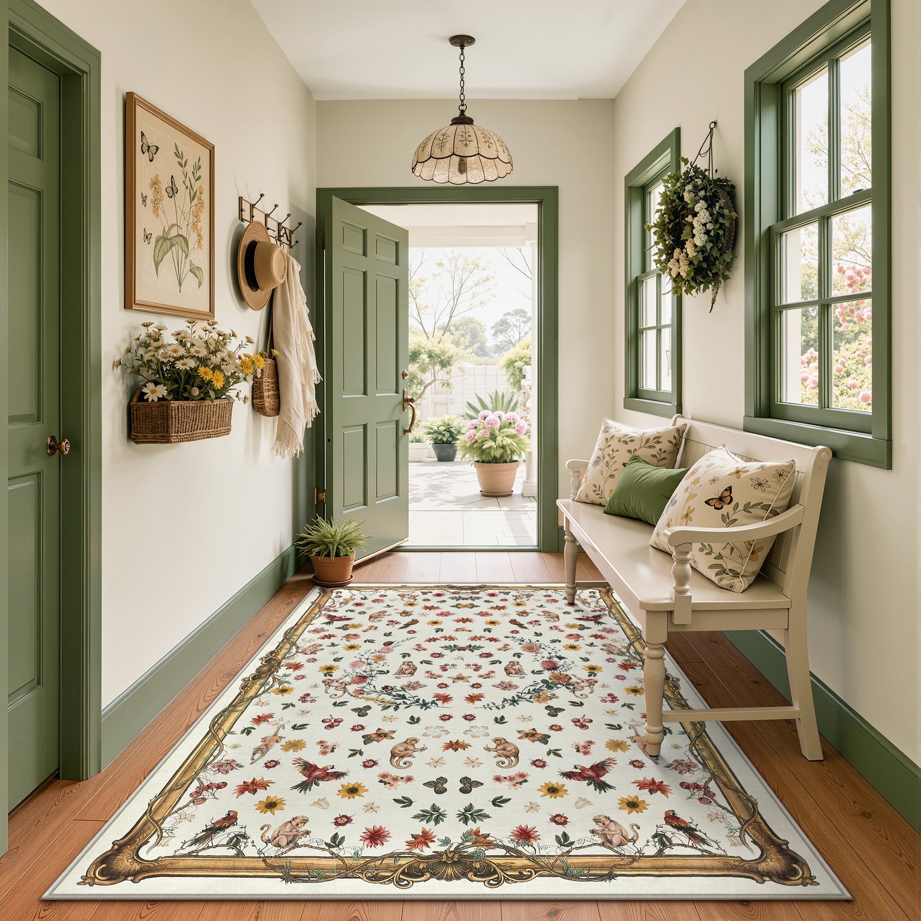 Vintage Botanical Animal Rug, Washable Low-Pile Area Rug with Non-Slip Backing for Indoor Use