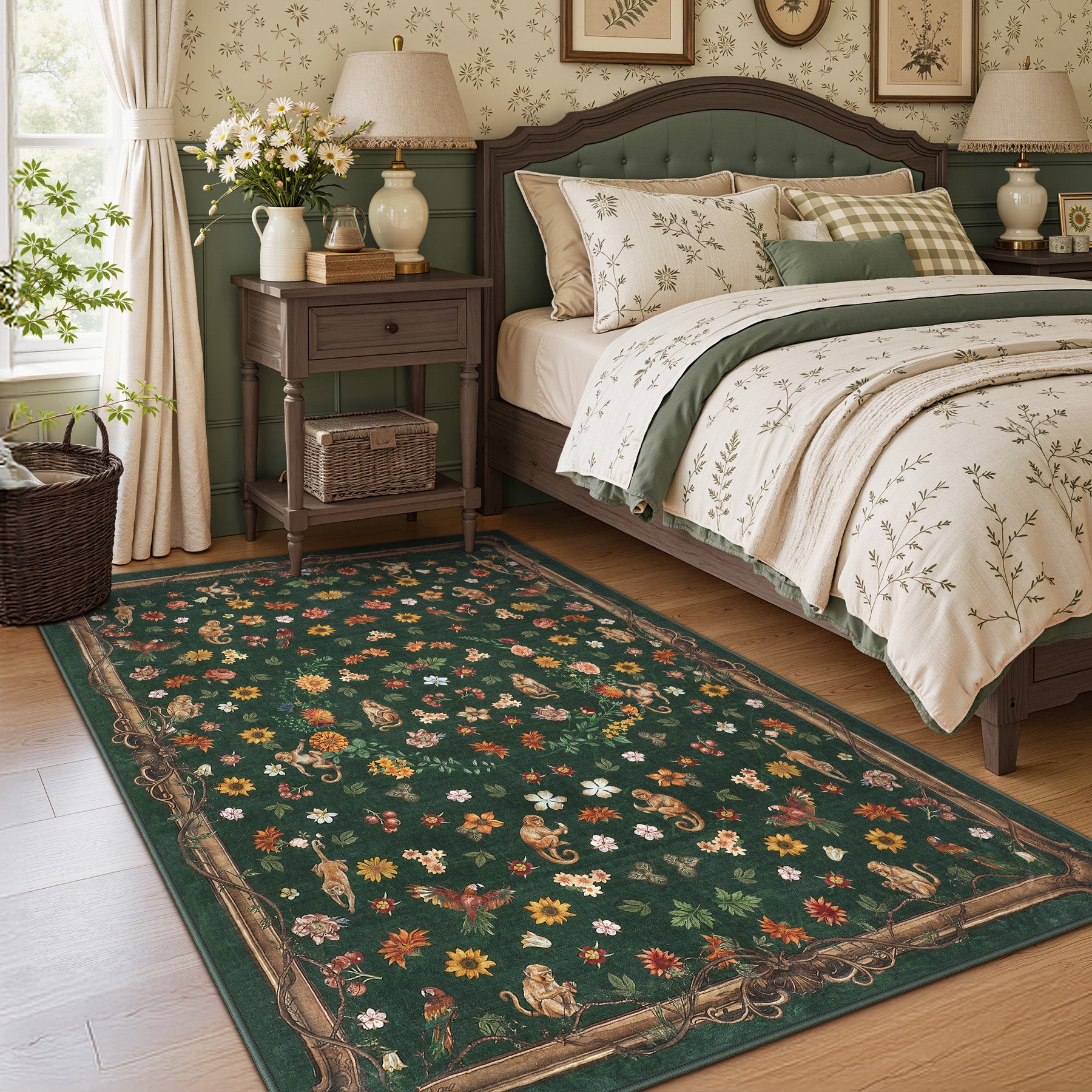 Vintage Botanical Animal Rug, Washable Low-Pile Area Rug with Non-Slip Backing for Indoor Use