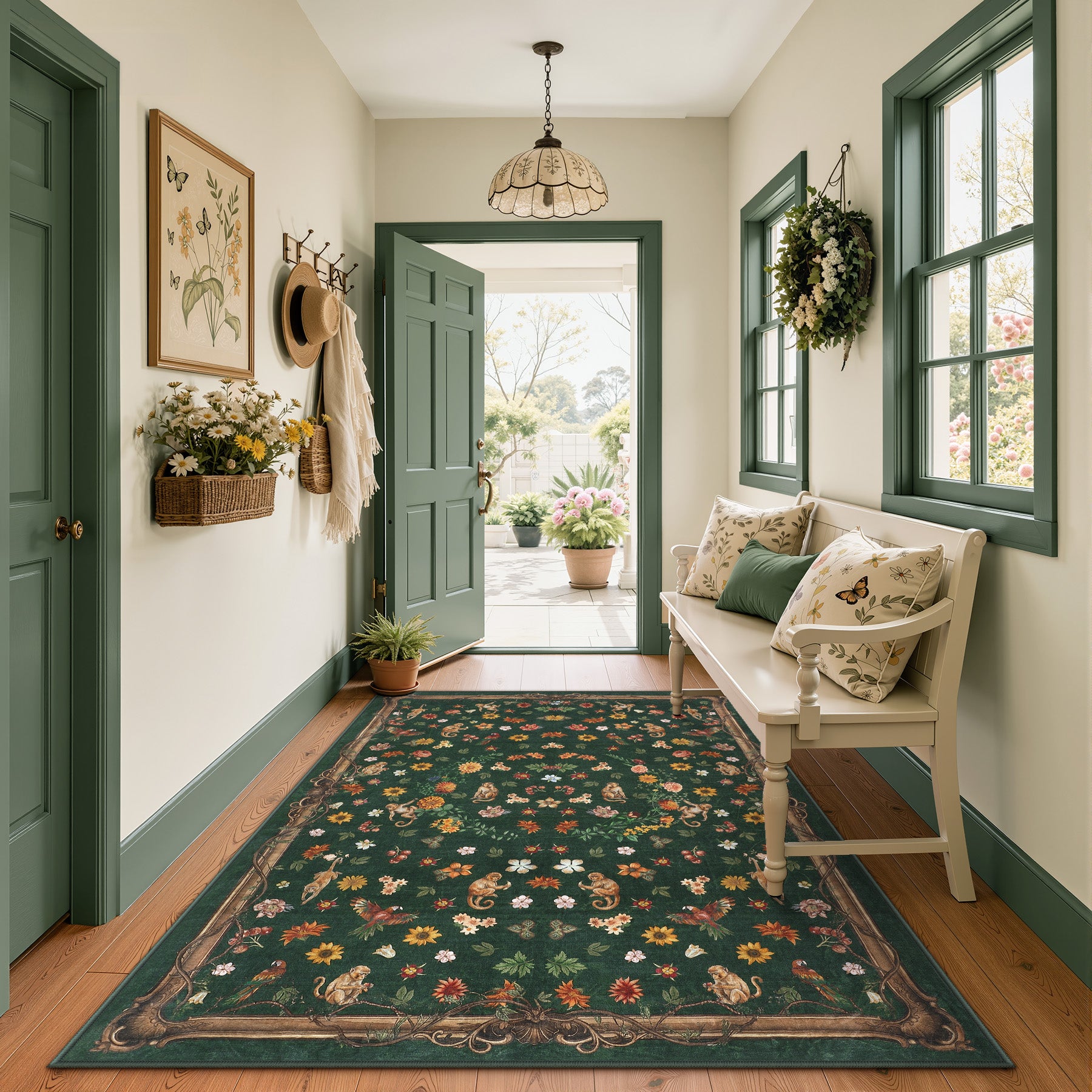 Vintage Botanical Animal Rug, Washable Low-Pile Area Rug with Non-Slip Backing for Indoor Use