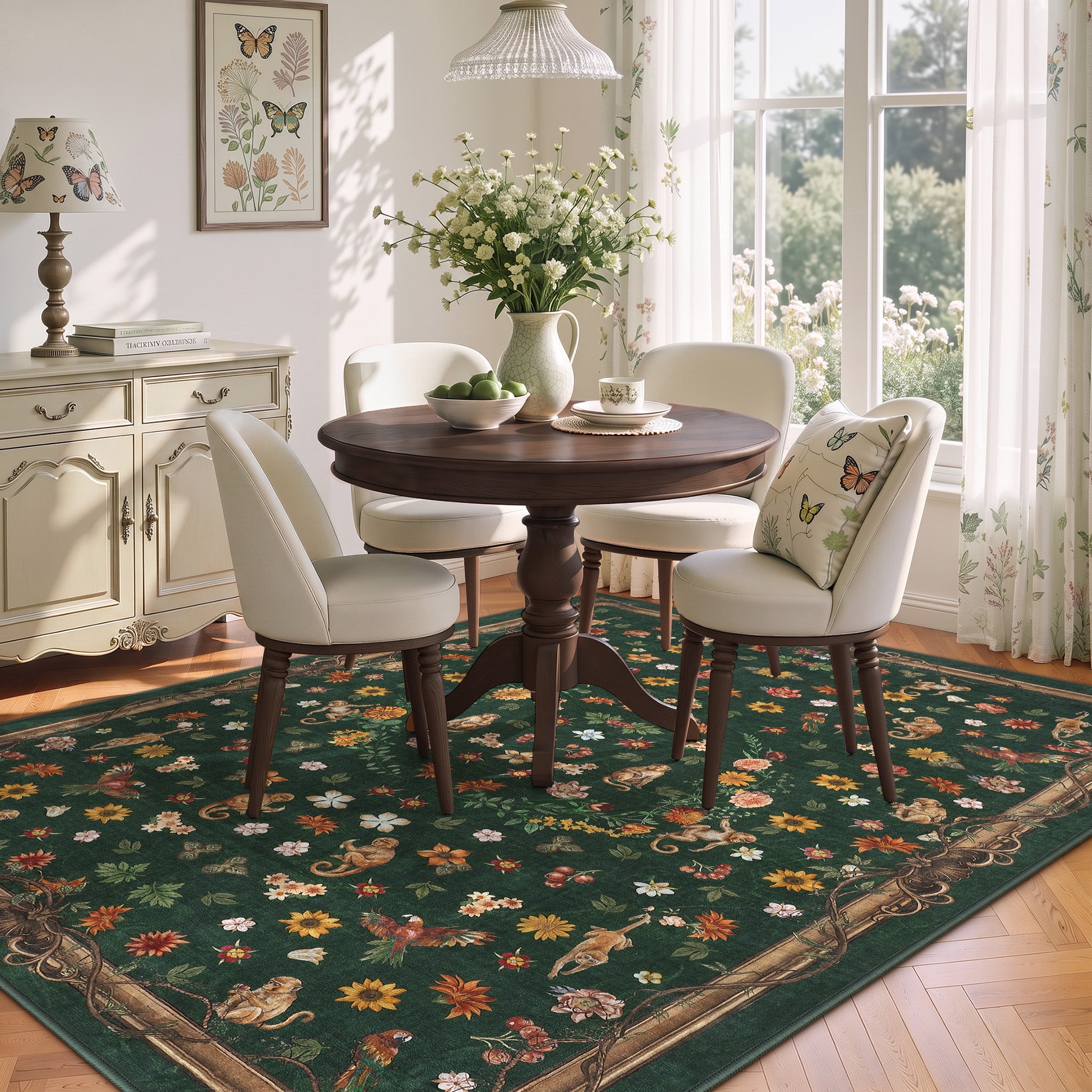 Vintage Botanical Animal Rug, Washable Low-Pile Area Rug with Non-Slip Backing for Indoor Use
