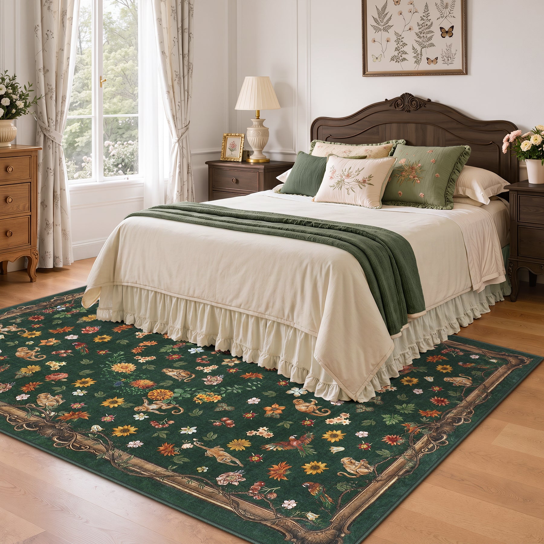 Vintage Botanical Animal Rug, Washable Low-Pile Area Rug with Non-Slip Backing for Indoor Use