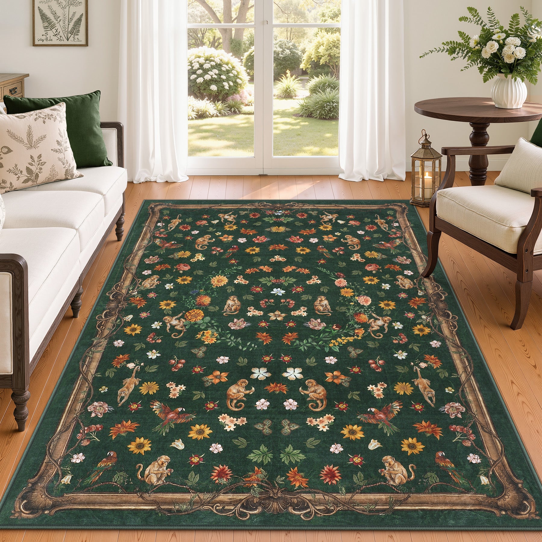 Vintage Botanical Animal Rug, Washable Low-Pile Area Rug with Non-Slip Backing for Indoor Use