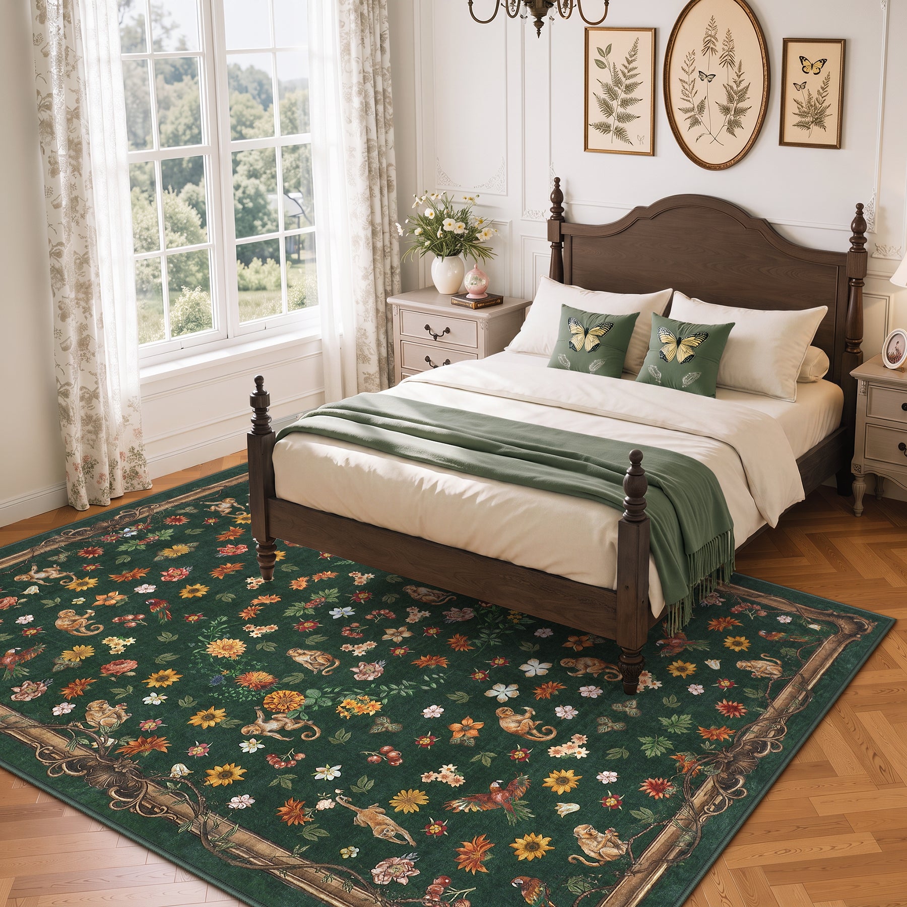 Vintage Botanical Animal Rug, Washable Low-Pile Area Rug with Non-Slip Backing for Indoor Use