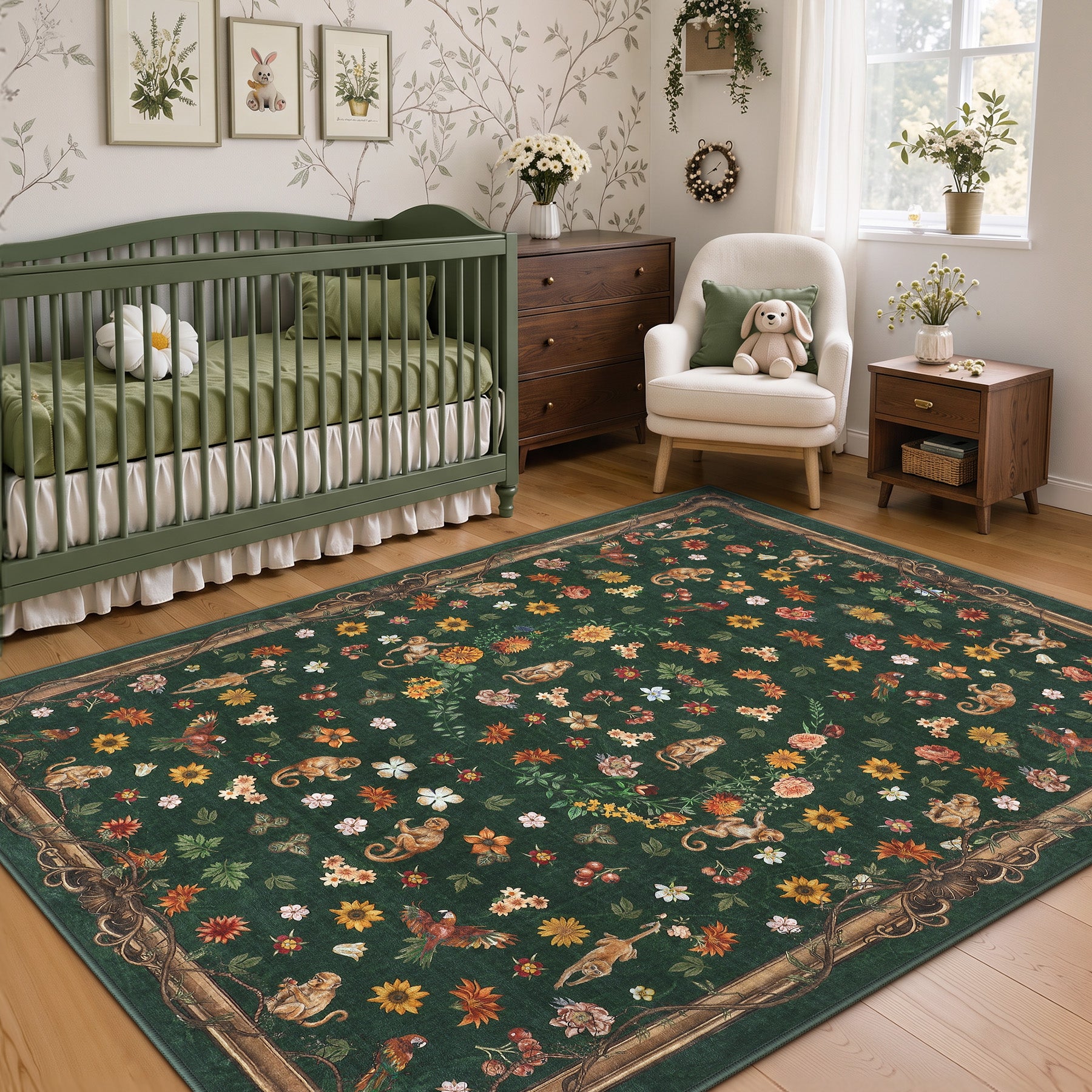 Vintage Botanical Animal Rug, Washable Low-Pile Area Rug with Non-Slip Backing for Indoor Use