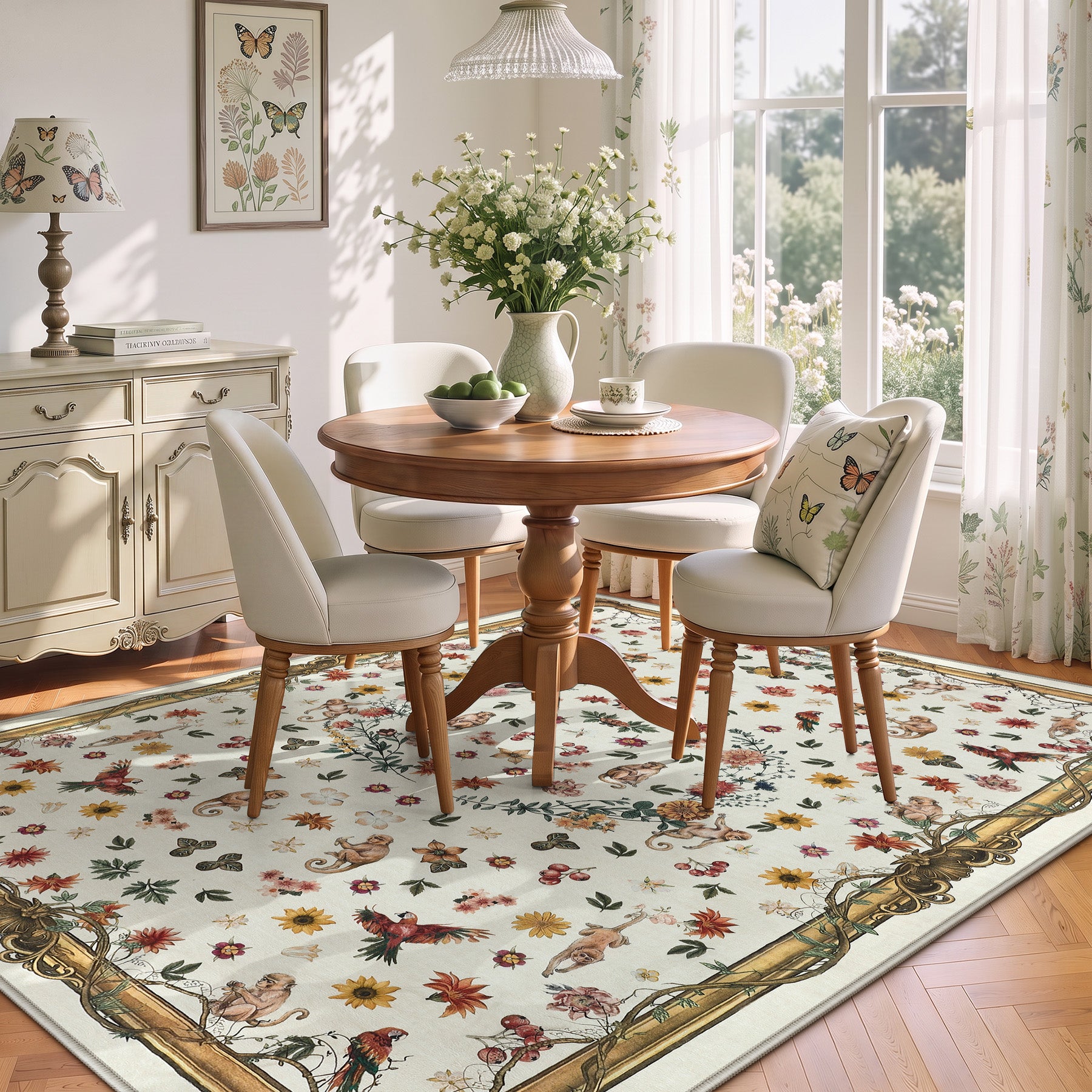 Vintage Botanical Animal Rug, Washable Low-Pile Area Rug with Non-Slip Backing for Indoor Use