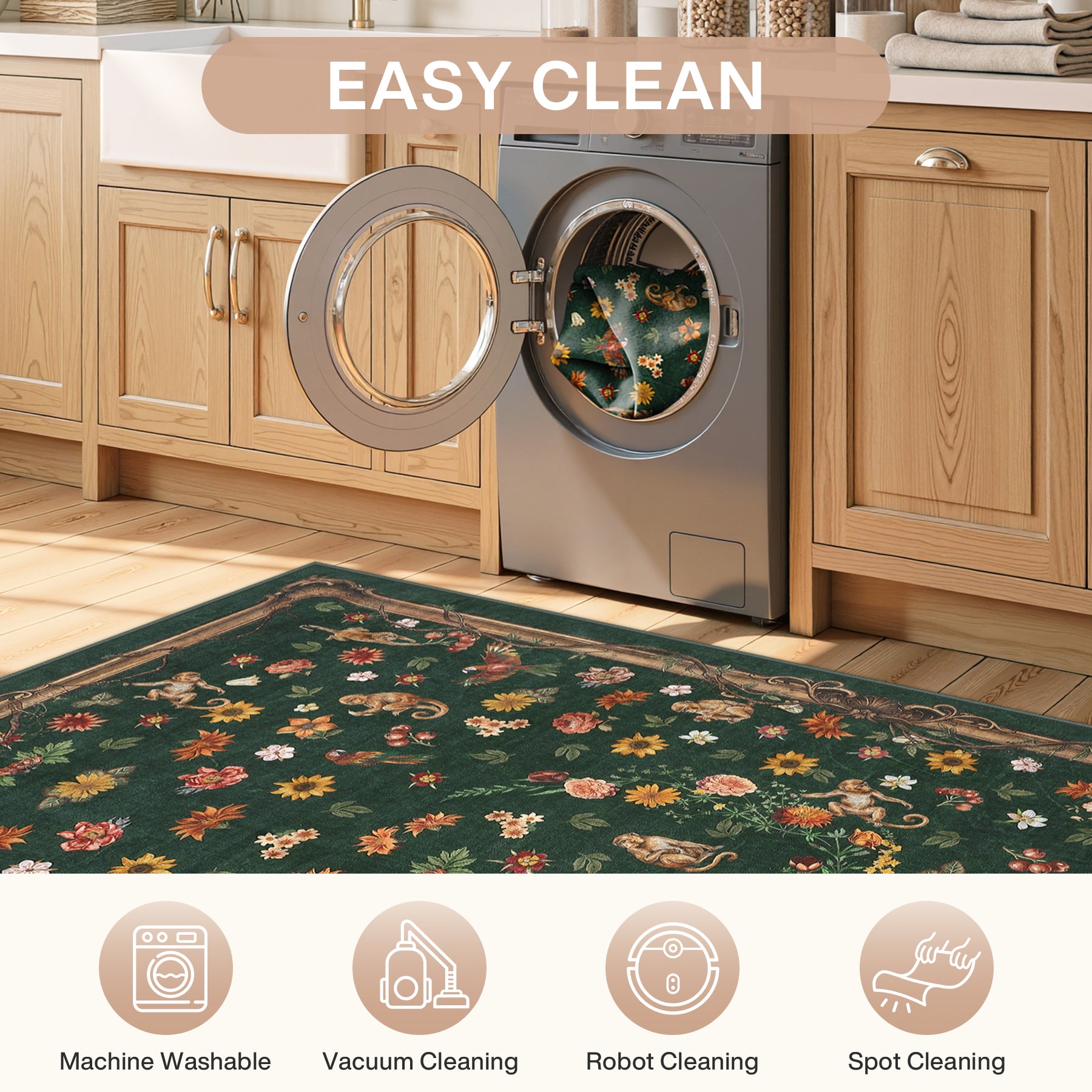 Vintage Botanical Animal Rug, Washable Low-Pile Area Rug with Non-Slip Backing for Indoor Use