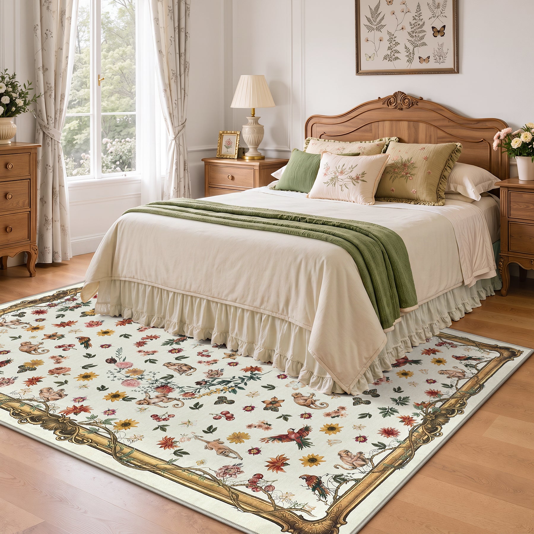 Vintage Botanical Animal Rug, Washable Low-Pile Area Rug with Non-Slip Backing for Indoor Use
