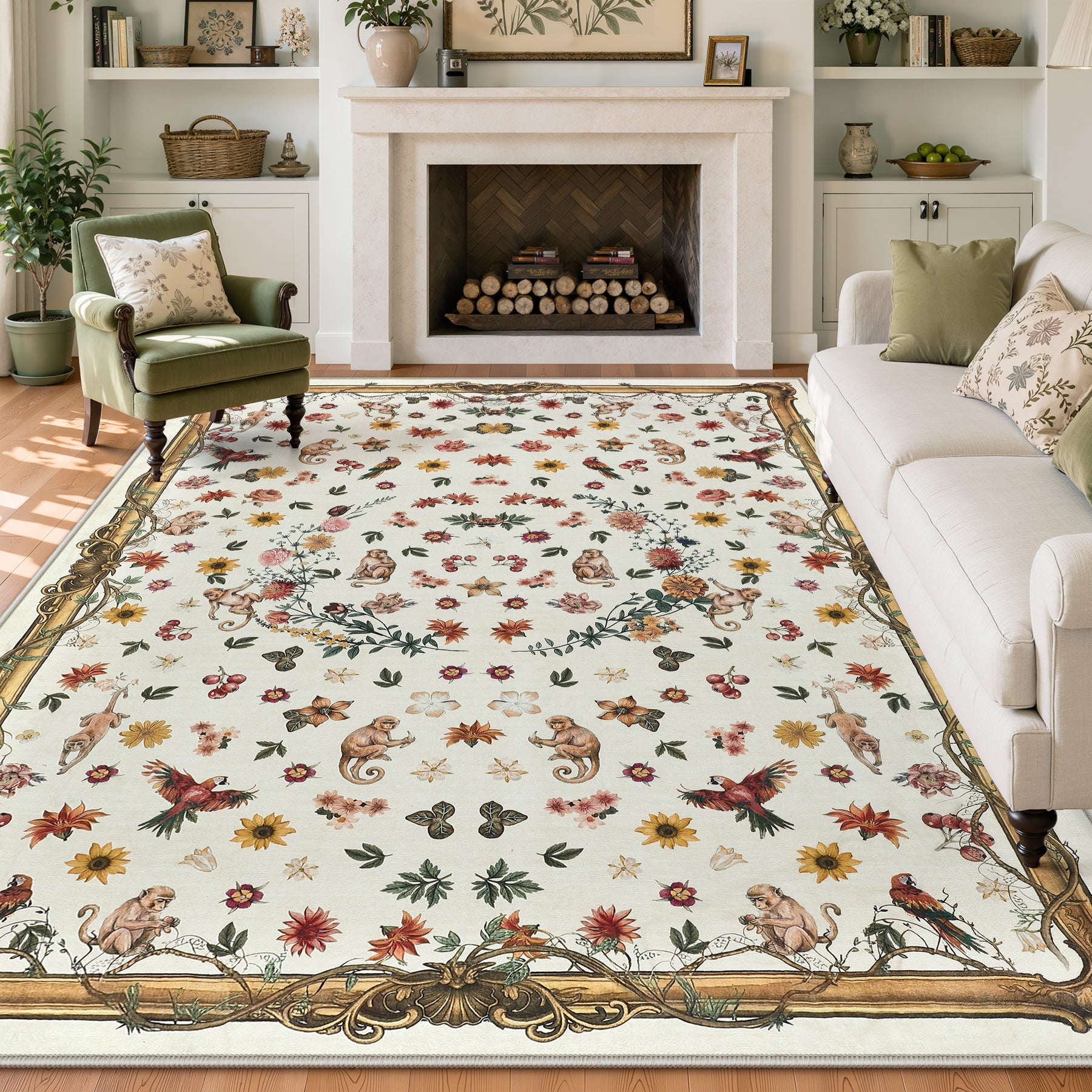 Vintage Botanical Animal Rug, Washable Low-Pile Area Rug with Non-Slip Backing for Indoor Use