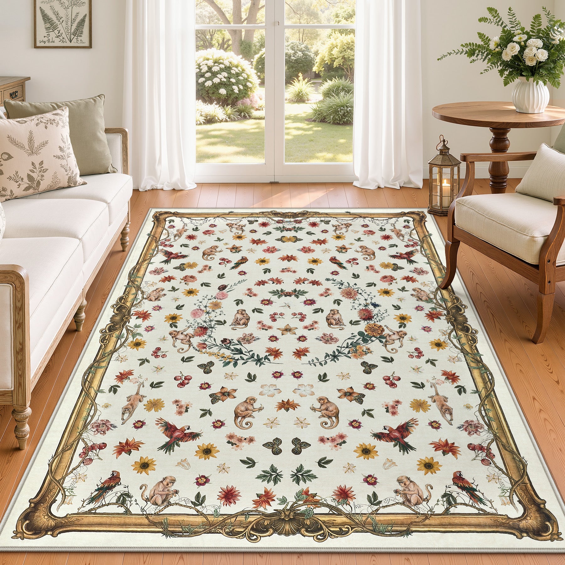 Vintage Botanical Animal Rug, Washable Low-Pile Area Rug with Non-Slip Backing for Indoor Use