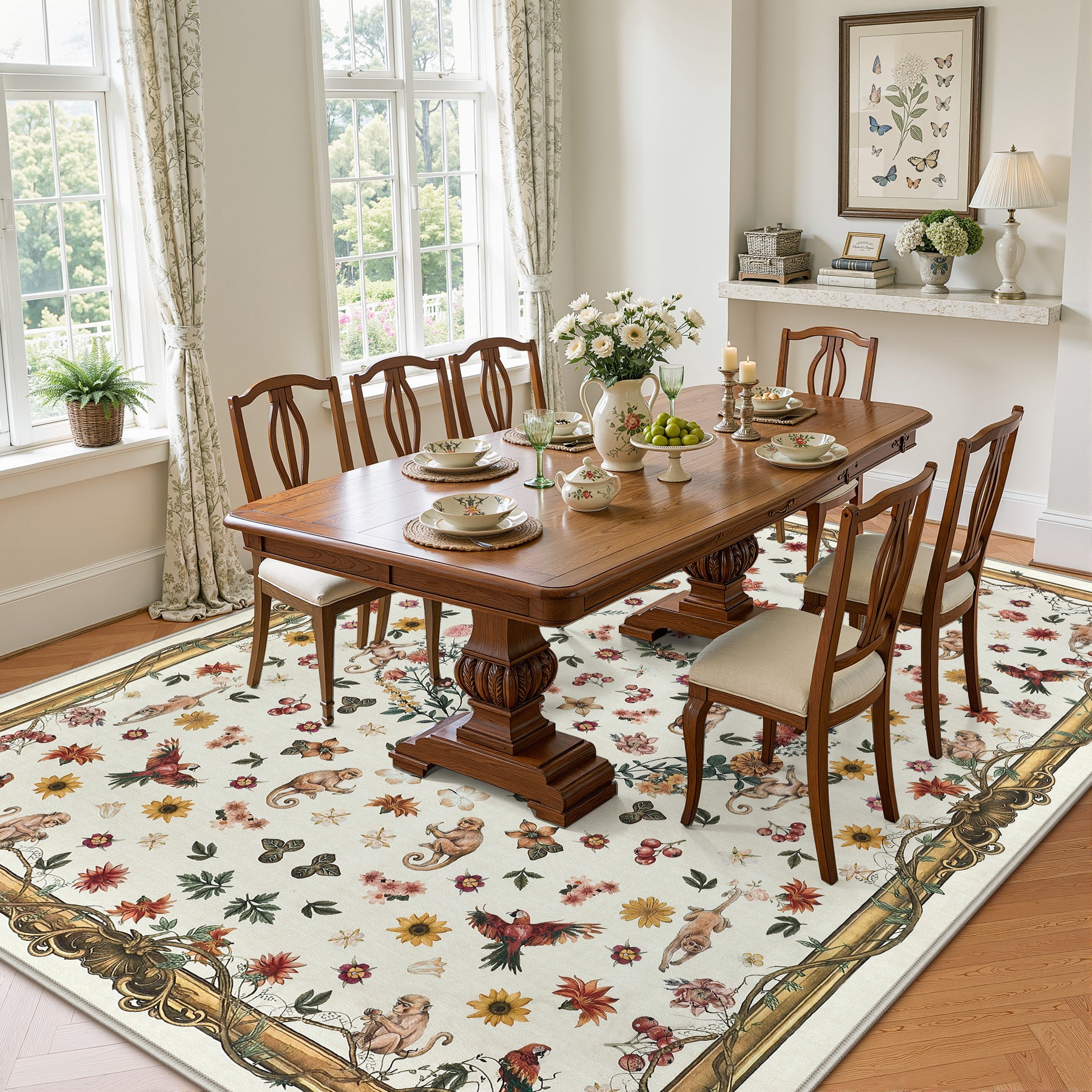 Vintage Botanical Animal Rug, Washable Low-Pile Area Rug with Non-Slip Backing for Indoor Use