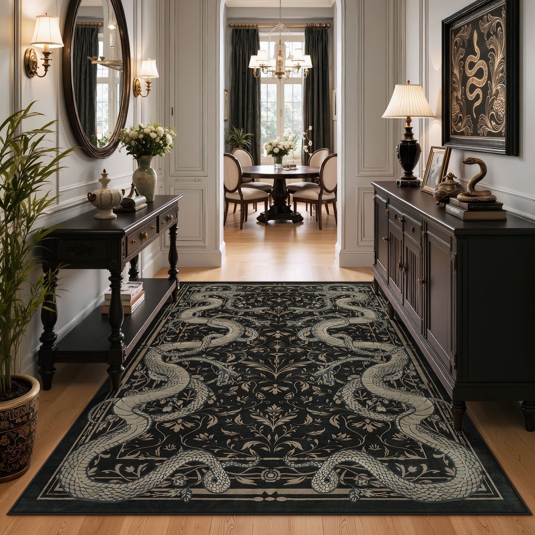 2x6/3x5/8x10 Vintage Snake Floral Area Rug, Non-Slip Gothic Runners for Home, Washable Low Pile Soft Indoor Carpet