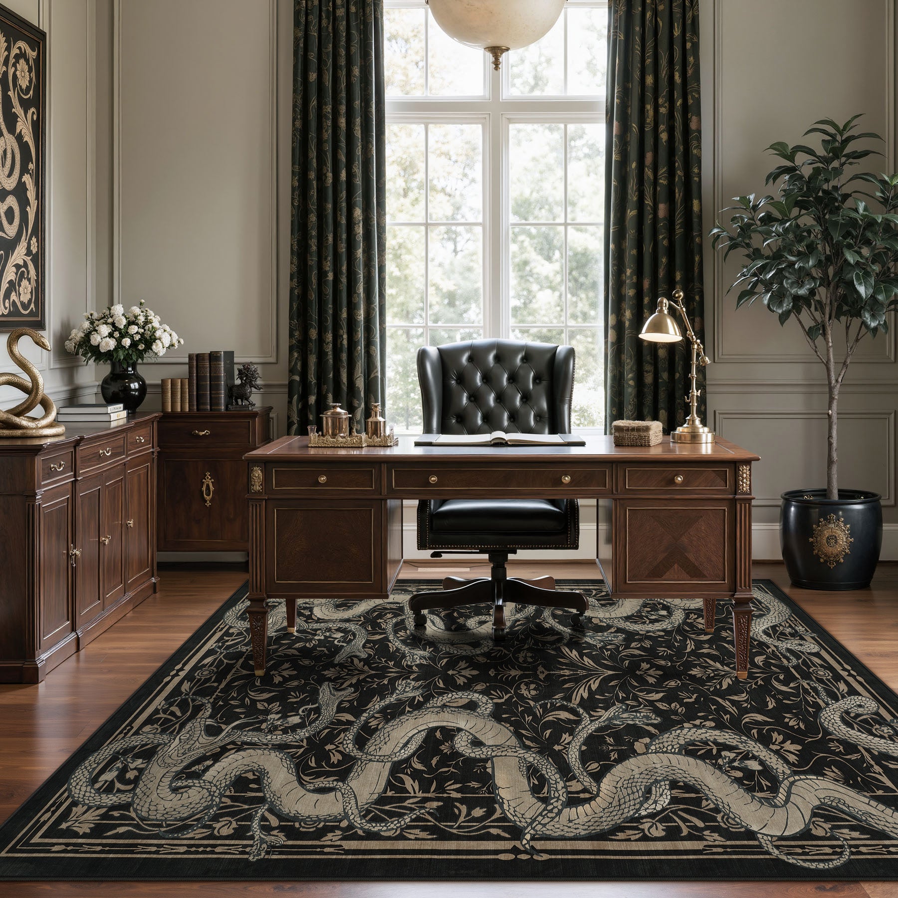 2x6/3x5/8x10 Vintage Snake Floral Area Rug, Non-Slip Gothic Runners for Home, Washable Low Pile Soft Indoor Carpet