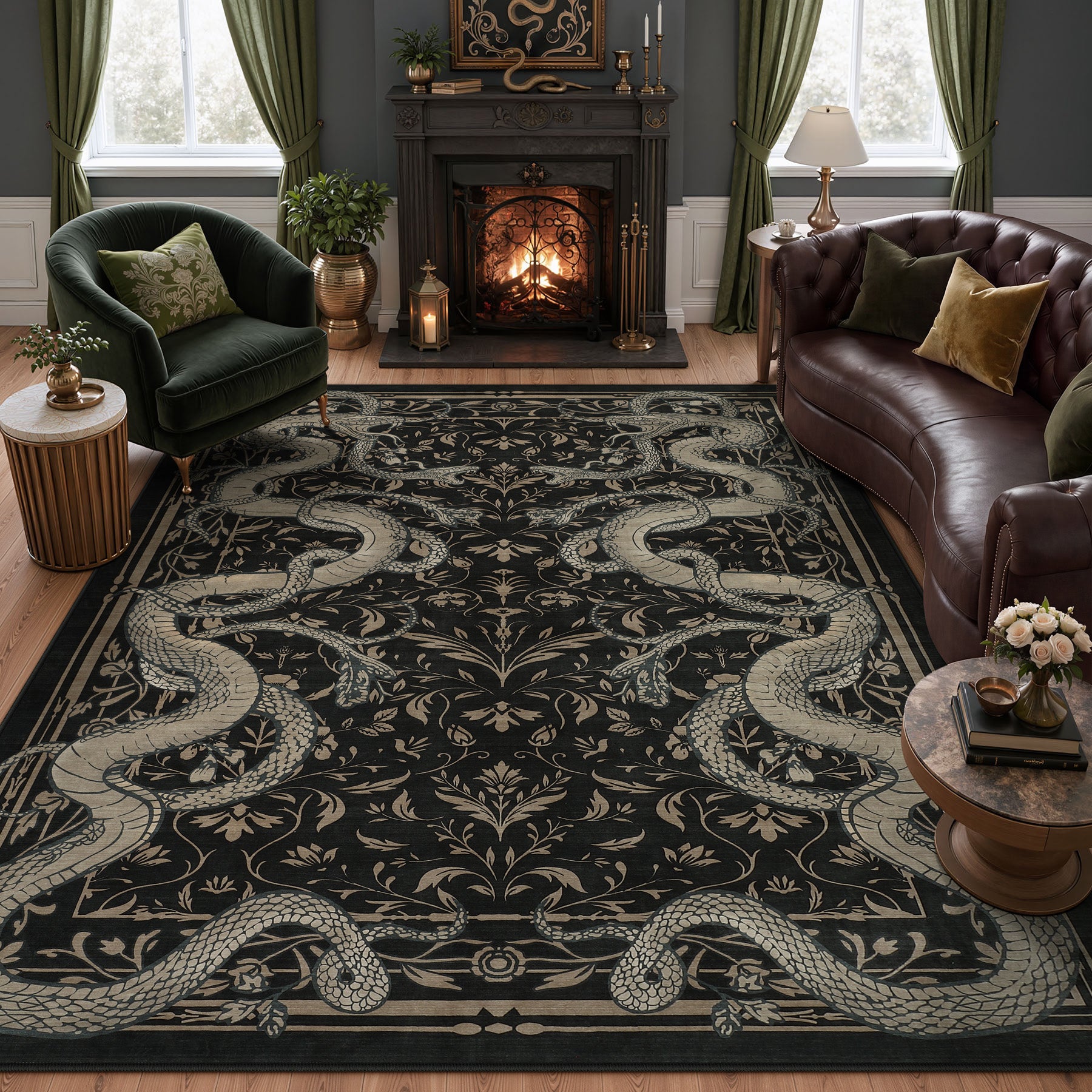 2x6/3x5/8x10 Vintage Snake Floral Area Rug, Non-Slip Gothic Runners for Home, Washable Low Pile Soft Indoor Carpet