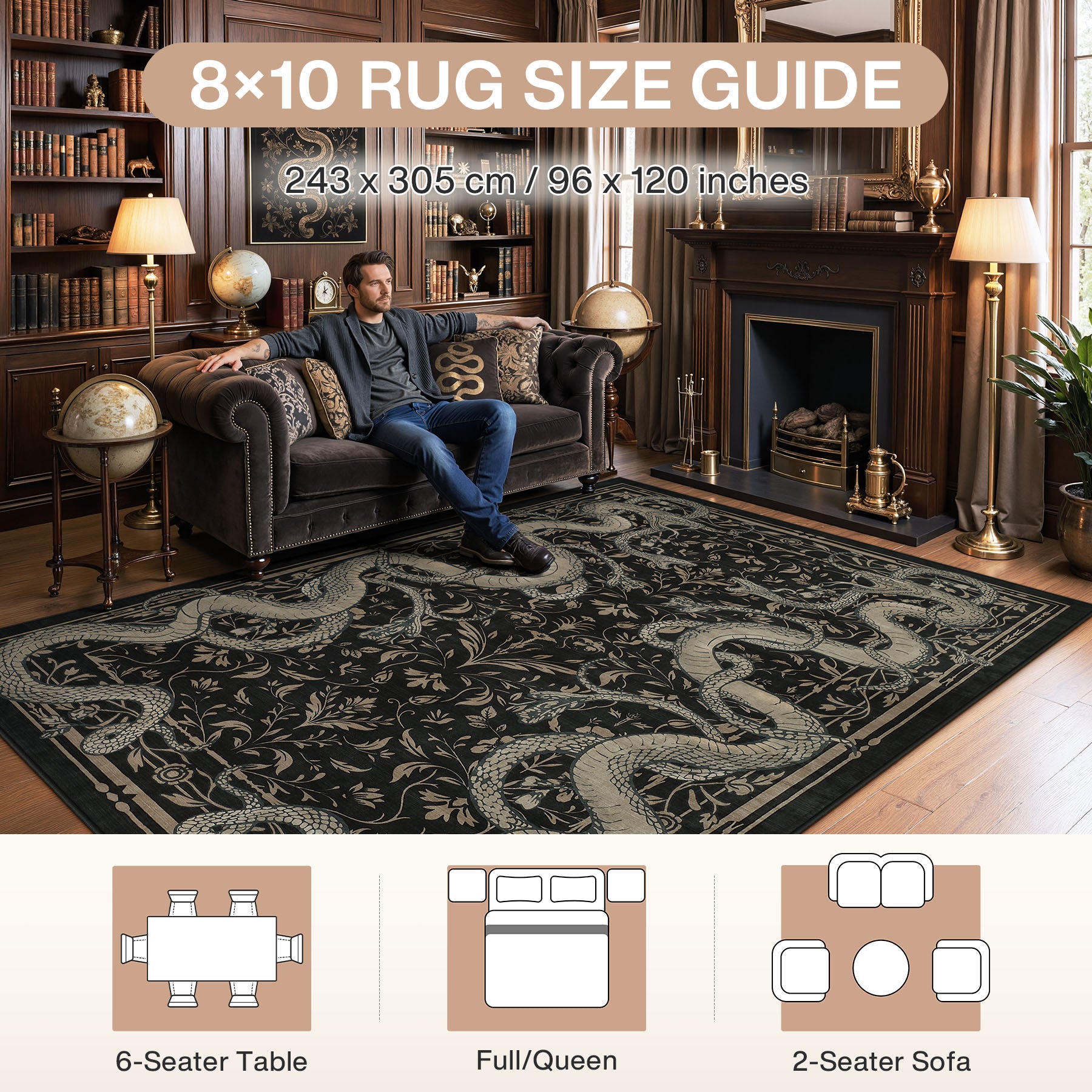 2x6/3x5/8x10 Vintage Snake Floral Area Rug, Non-Slip Gothic Runners for Home, Washable Low Pile Soft Indoor Carpet