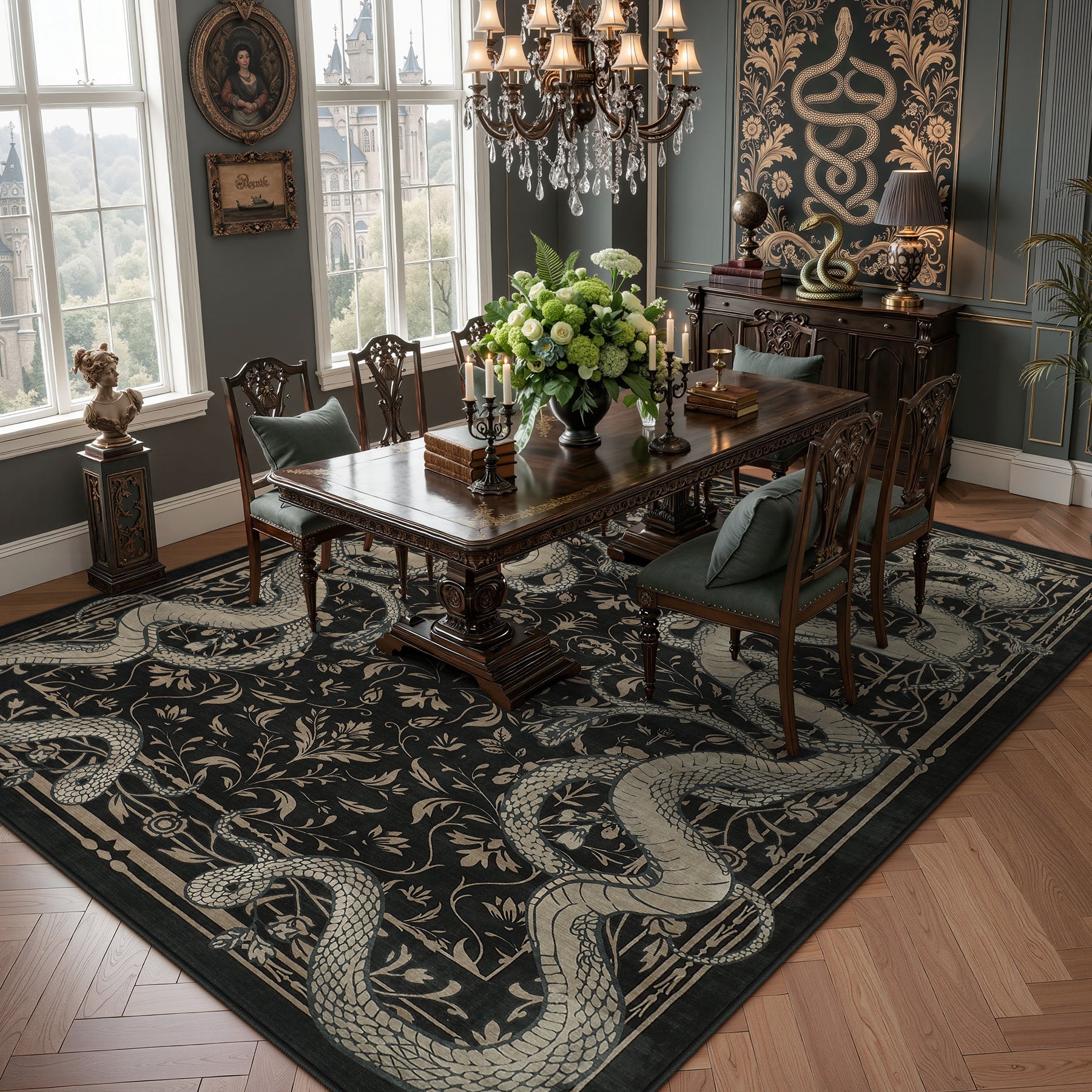 2x6/3x5/8x10 Vintage Snake Floral Area Rug, Non-Slip Gothic Runners for Home, Washable Low Pile Soft Indoor Carpet