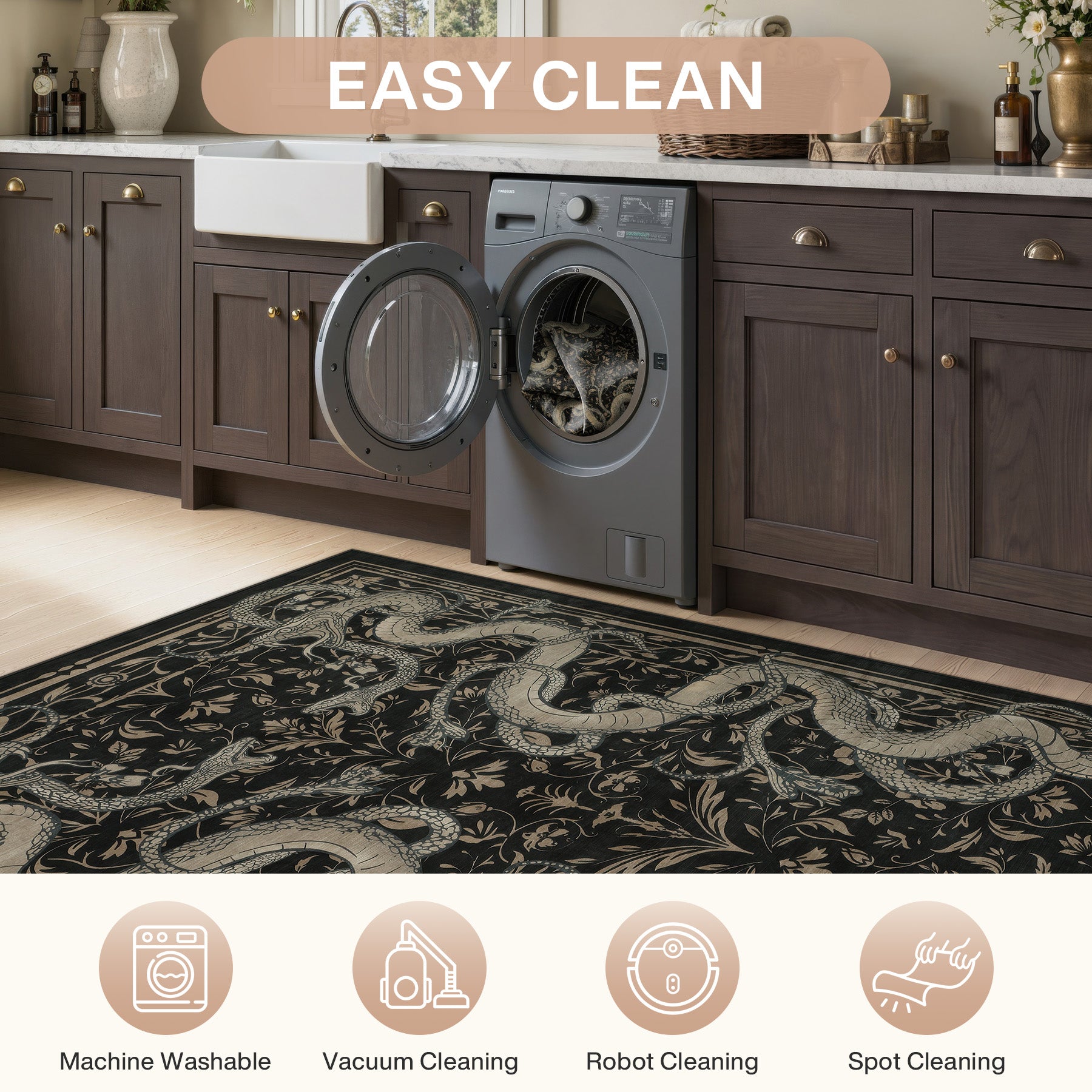 2x6/3x5/8x10 Vintage Snake Floral Area Rug, Non-Slip Gothic Runners for Home, Washable Low Pile Soft Indoor Carpet