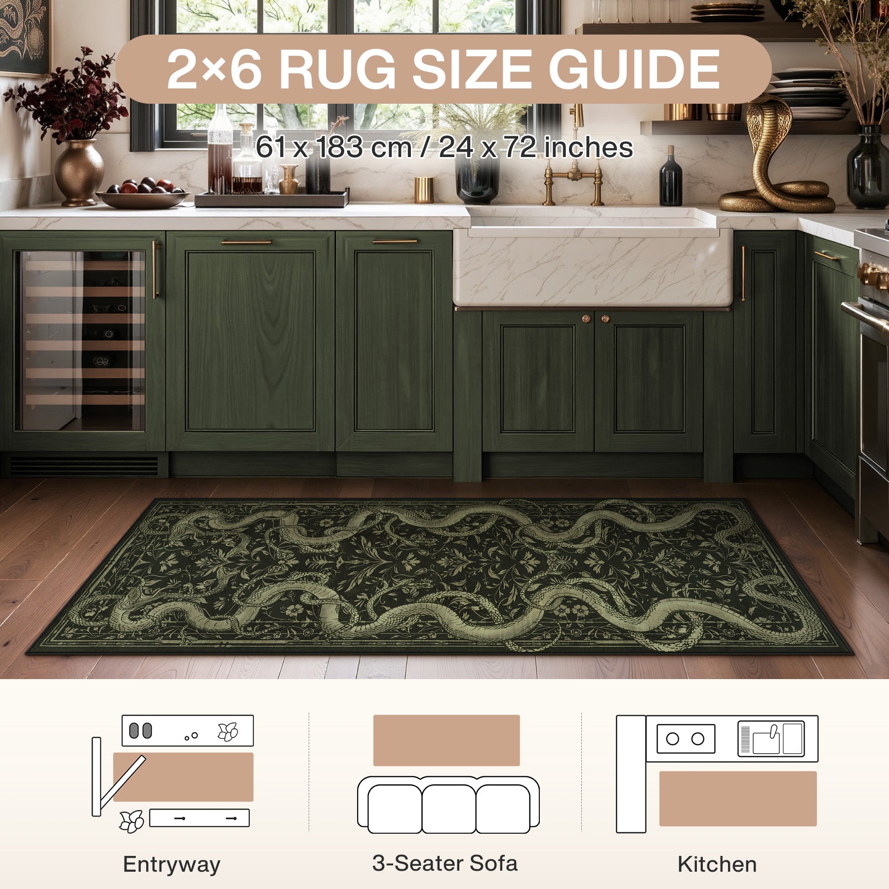 2x6/3x5/8x10 Vintage Snake Floral Area Rug, Non-Slip Gothic Runners for Home, Washable Low Pile Soft Indoor Carpet