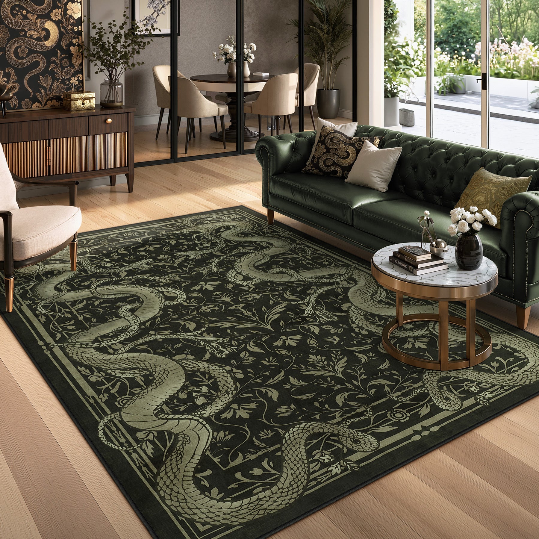 2x6/3x5/8x10 Vintage Snake Floral Area Rug, Non-Slip Gothic Runners for Home, Washable Low Pile Soft Indoor Carpet