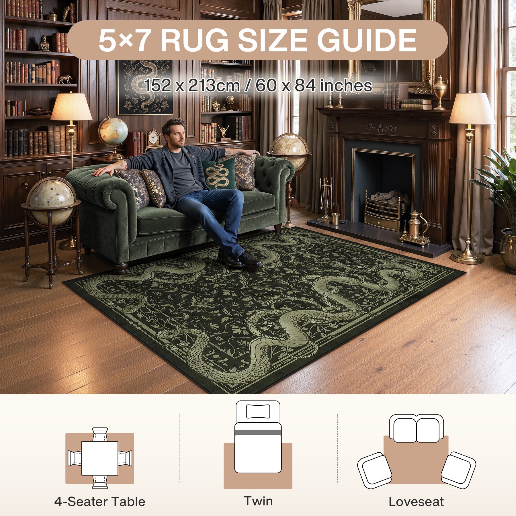 2x6/3x5/8x10 Vintage Snake Floral Area Rug, Non-Slip Gothic Runners for Home, Washable Low Pile Soft Indoor Carpet