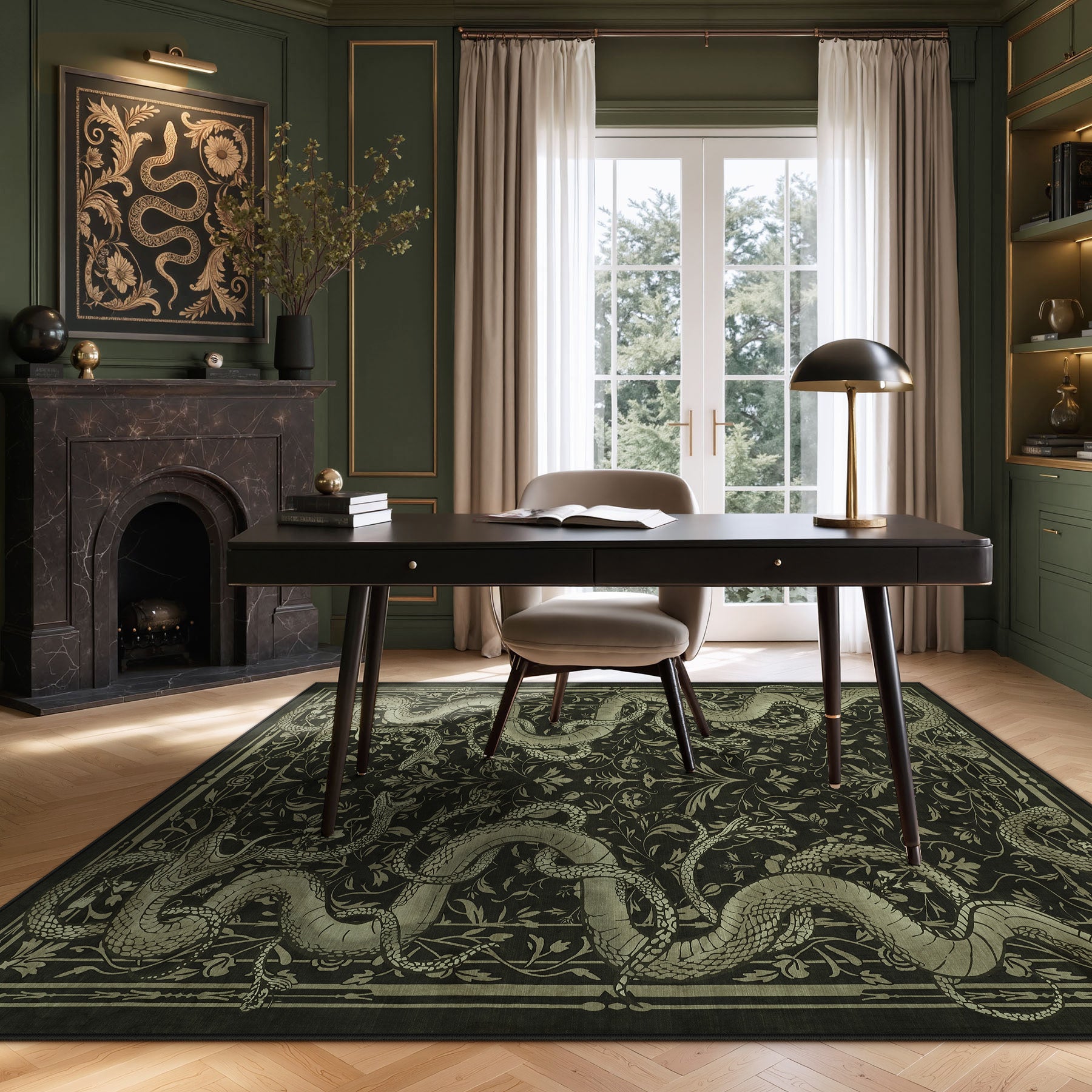 2x6/3x5/8x10 Vintage Snake Floral Area Rug, Non-Slip Gothic Runners for Home, Washable Low Pile Soft Indoor Carpet