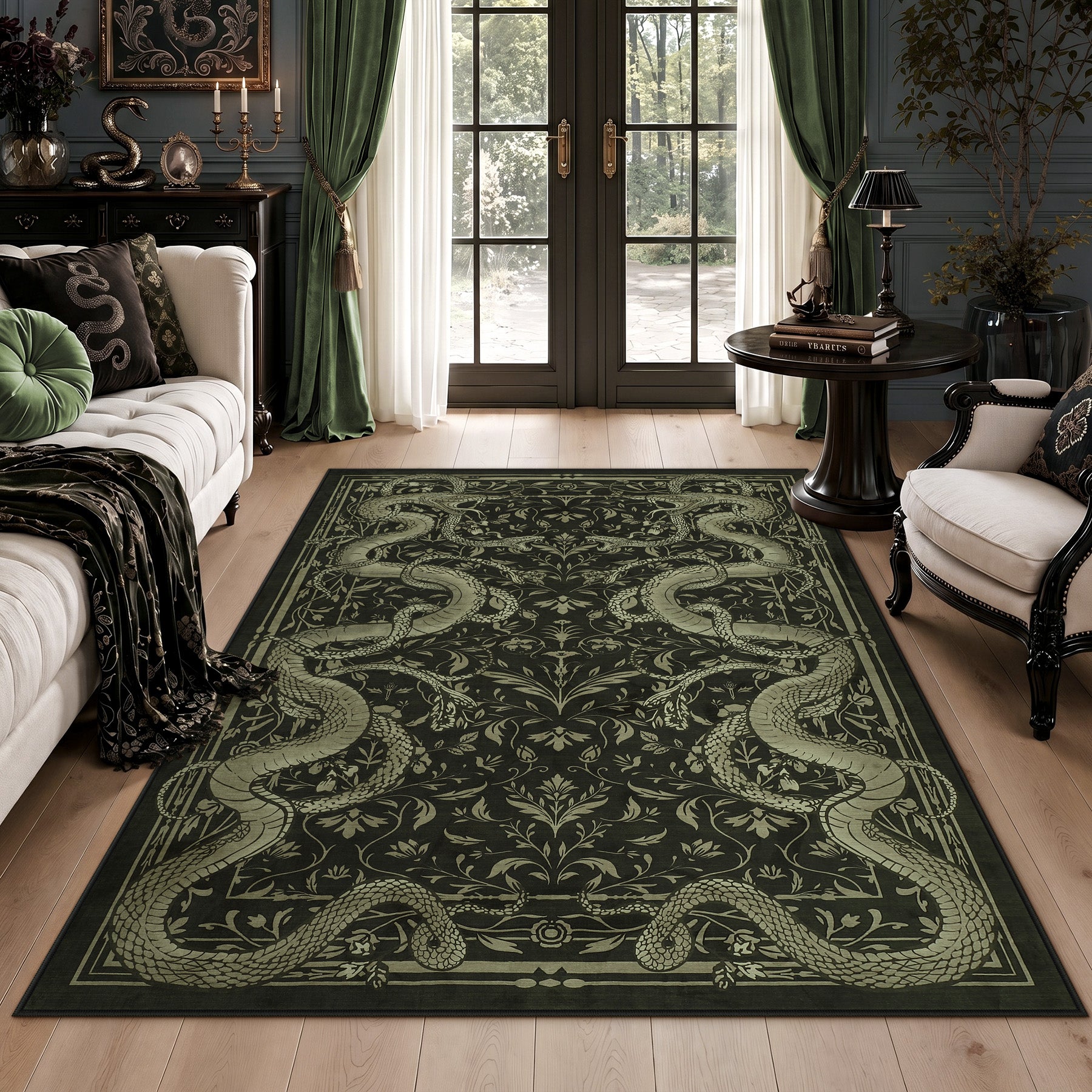 2x6/3x5/8x10 Vintage Snake Floral Area Rug, Non-Slip Gothic Runners for Home, Washable Low Pile Soft Indoor Carpet