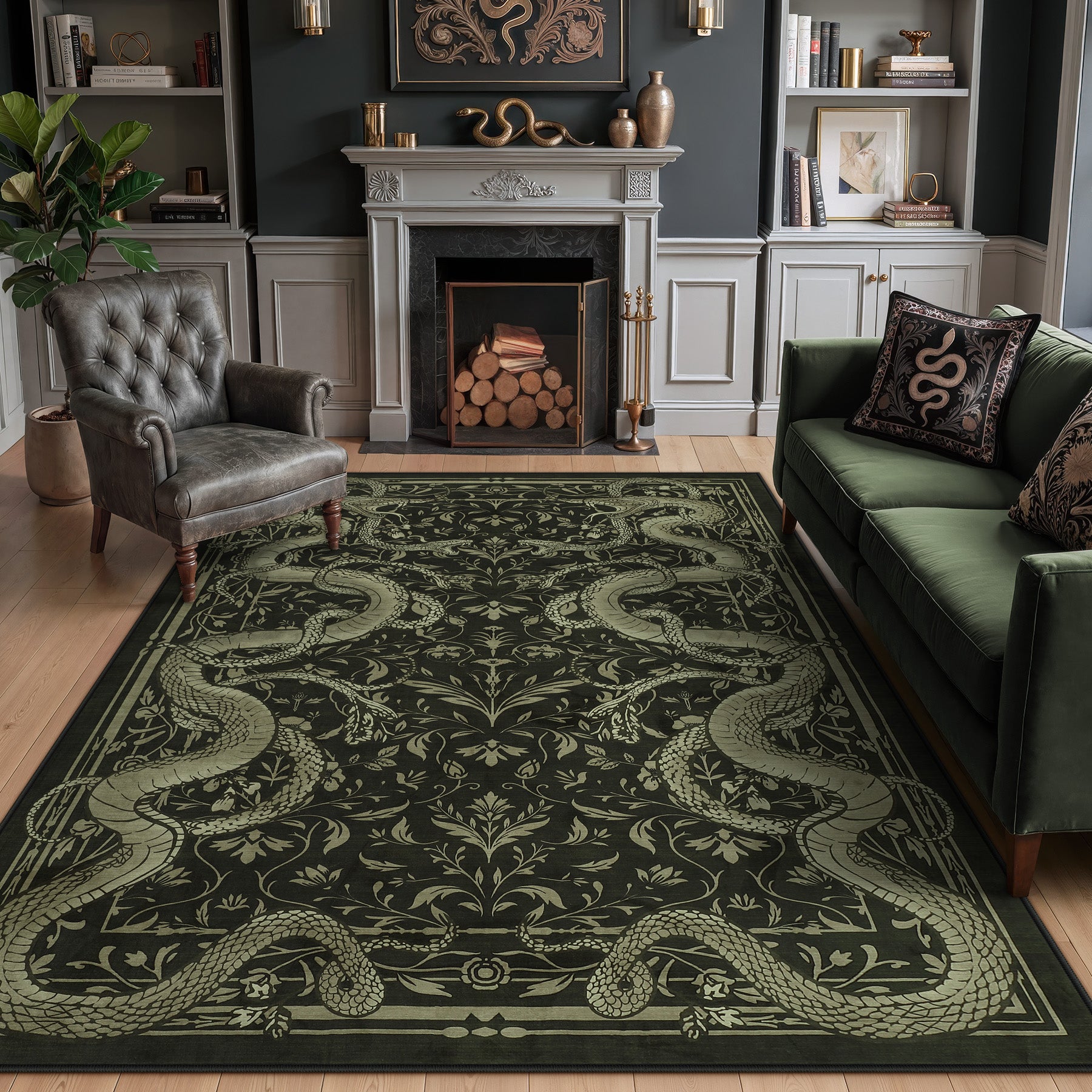2x6/3x5/8x10 Vintage Snake Floral Area Rug, Non-Slip Gothic Runners for Home, Washable Low Pile Soft Indoor Carpet