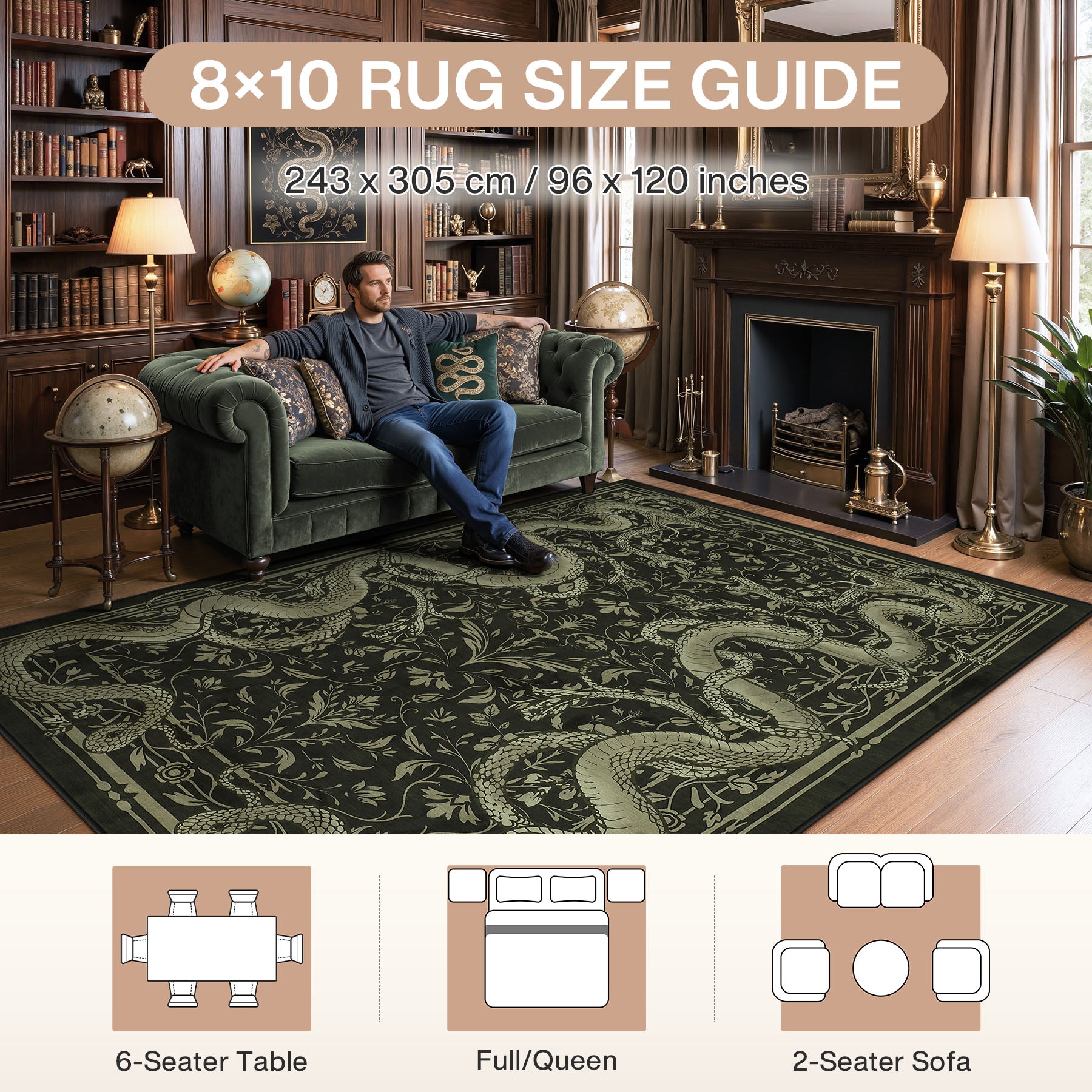 2x6/3x5/8x10 Vintage Snake Floral Area Rug, Non-Slip Gothic Runners for Home, Washable Low Pile Soft Indoor Carpet