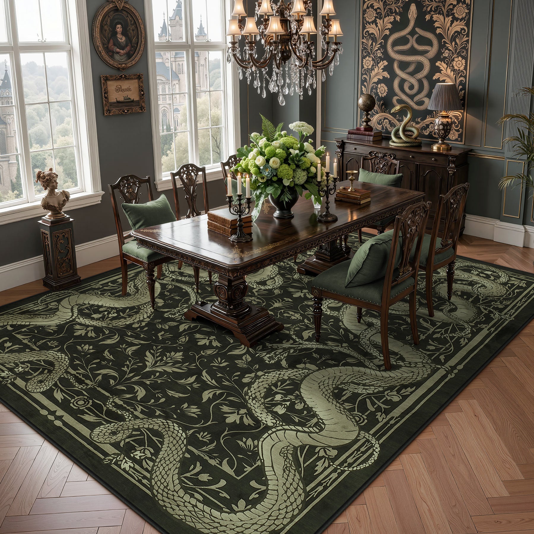 2x6/3x5/8x10 Vintage Snake Floral Area Rug, Non-Slip Gothic Runners for Home, Washable Low Pile Soft Indoor Carpet