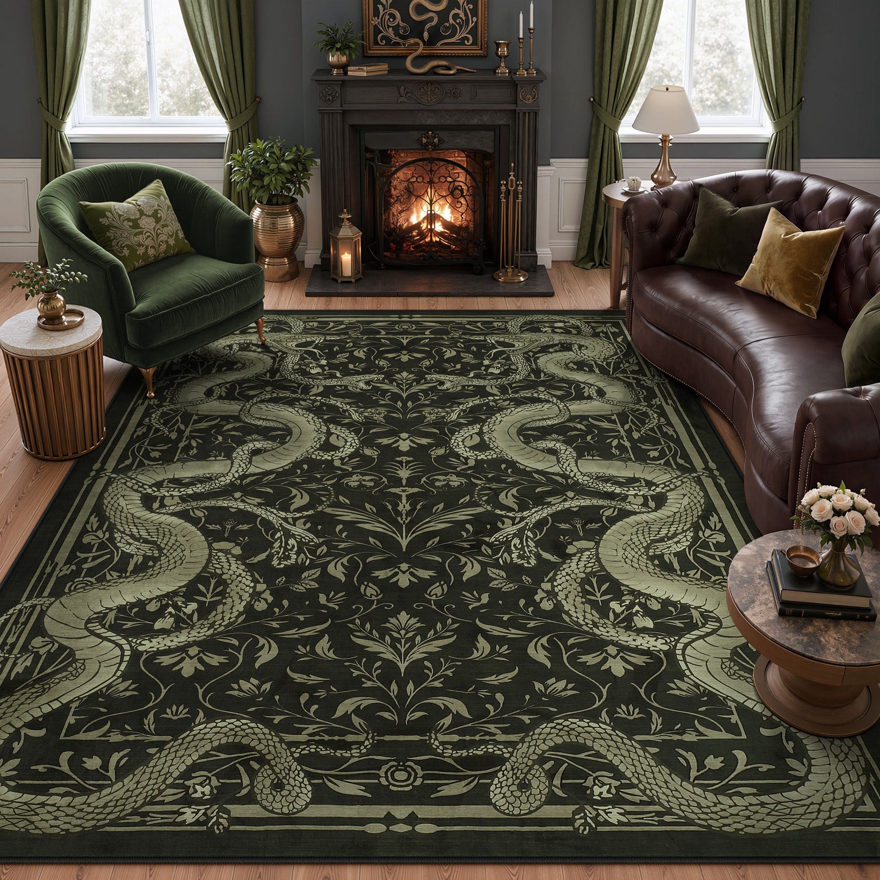 2x6/3x5/8x10 Vintage Snake Floral Area Rug, Non-Slip Gothic Runners for Home, Washable Low Pile Soft Indoor Carpet