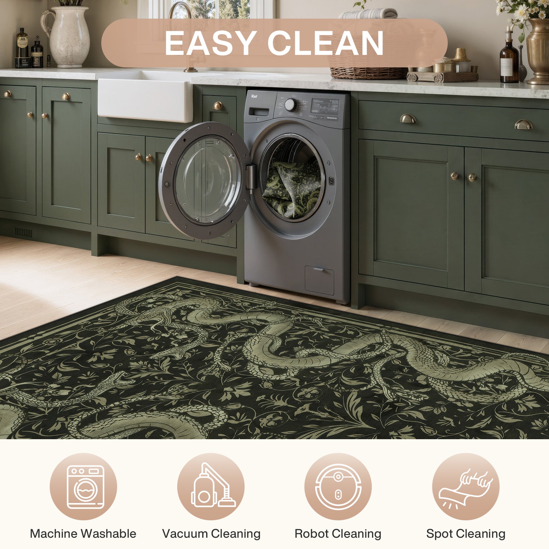 2x6/3x5/8x10 Vintage Snake Floral Area Rug, Non-Slip Gothic Runners for Home, Washable Low Pile Soft Indoor Carpet