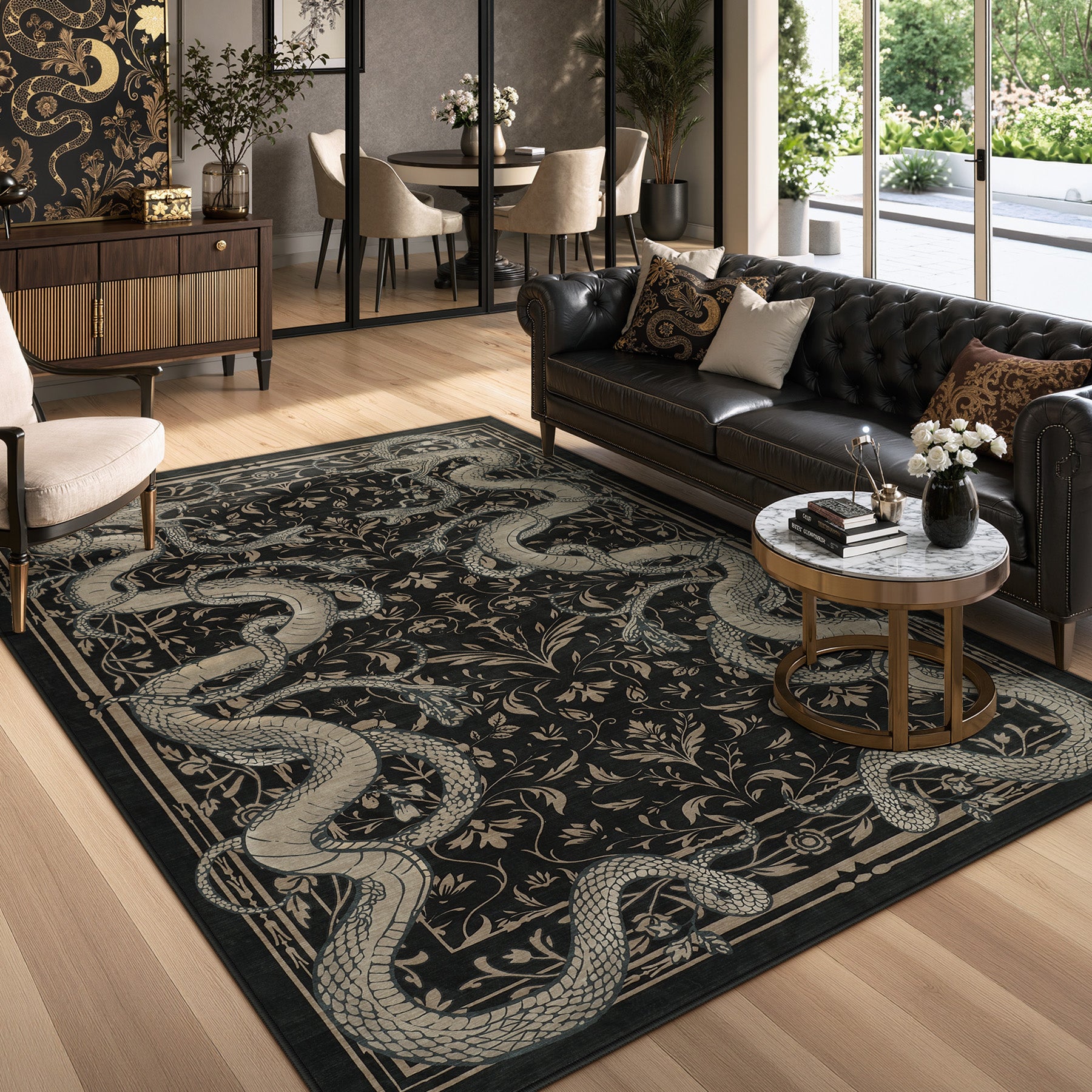 2x6/3x5/8x10 Vintage Snake Floral Area Rug, Non-Slip Gothic Runners for Home, Washable Low Pile Soft Indoor Carpet