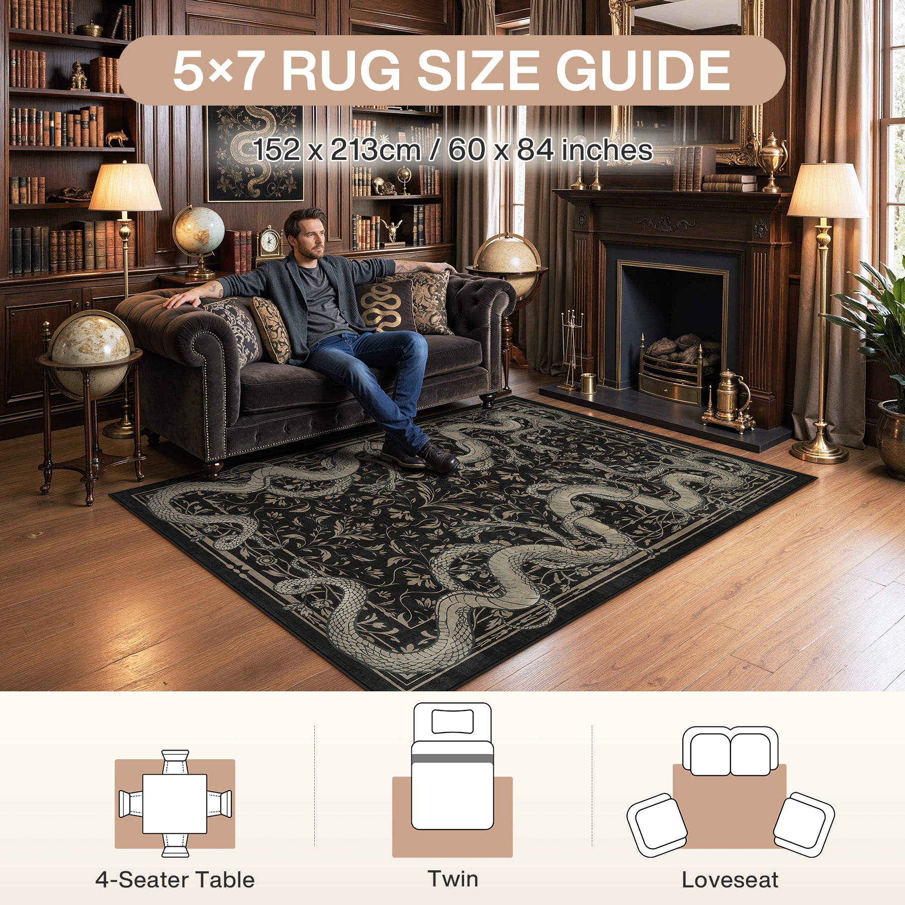 2x6/3x5/8x10 Vintage Snake Floral Area Rug, Non-Slip Gothic Runners for Home, Washable Low Pile Soft Indoor Carpet